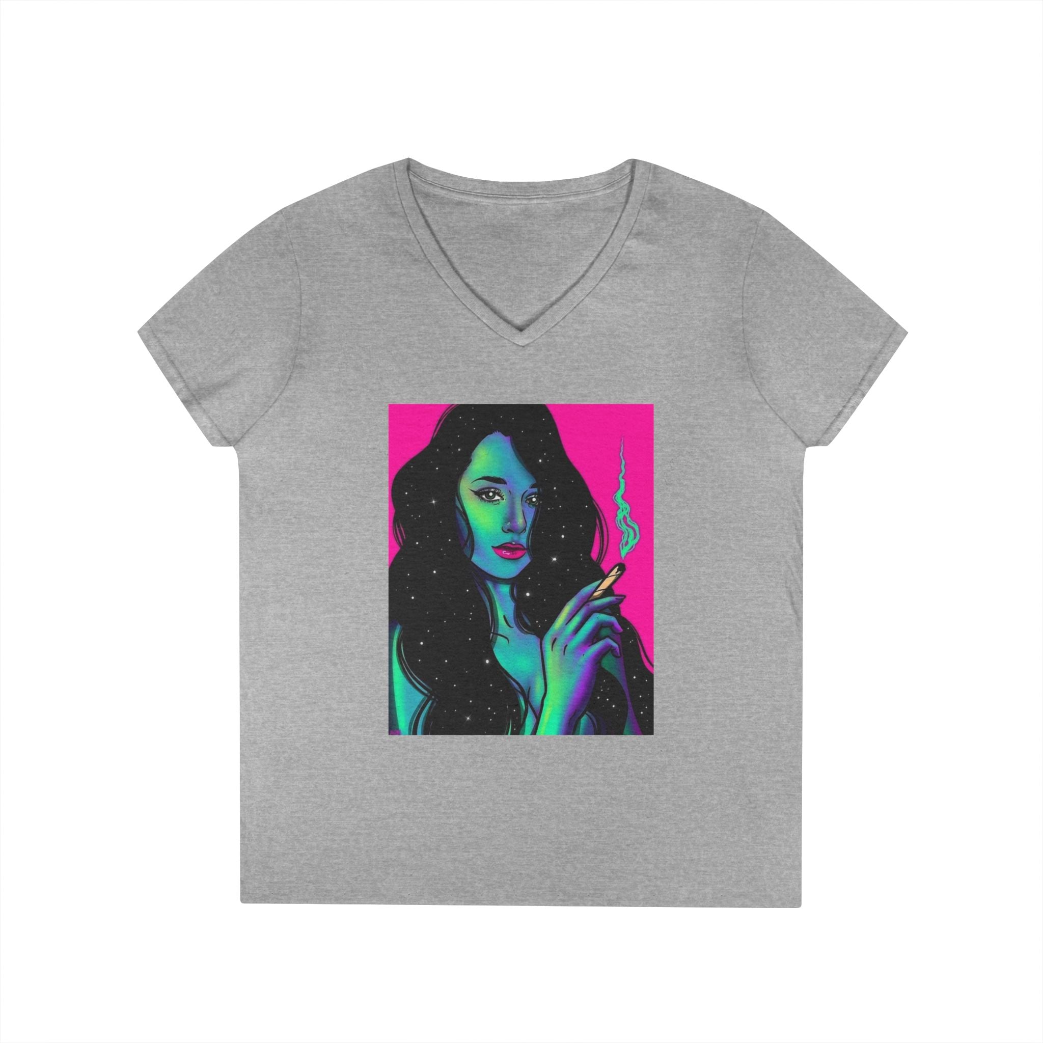 Cosmic Vibe Ladies' V-Neck T-Shirt with Mystical Artwork