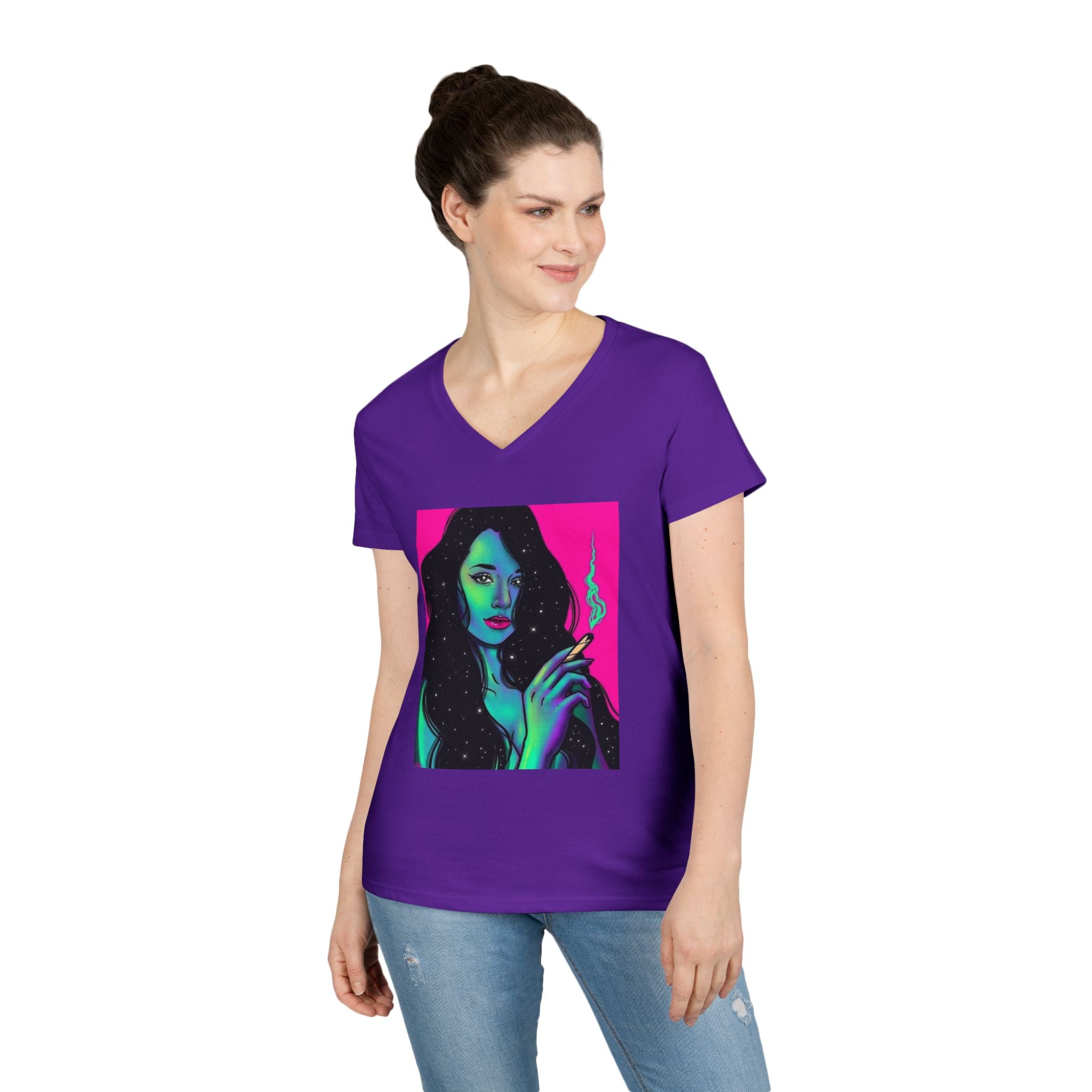 Cosmic Vibe Ladies' V-Neck T-Shirt with Mystical Artwork