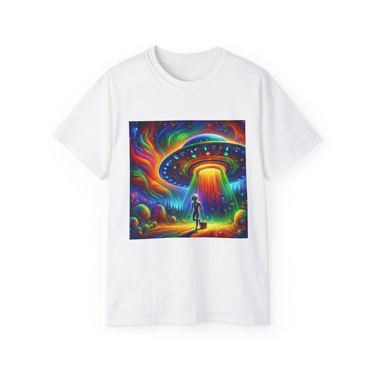 Cosmic Adventure Tee - Unisex Ultra Cotton T-Shirt, UFO Graphic Tee, Colorful Sci-Fi Shirt, Perfect for Festivals, Gift for Space Lovers