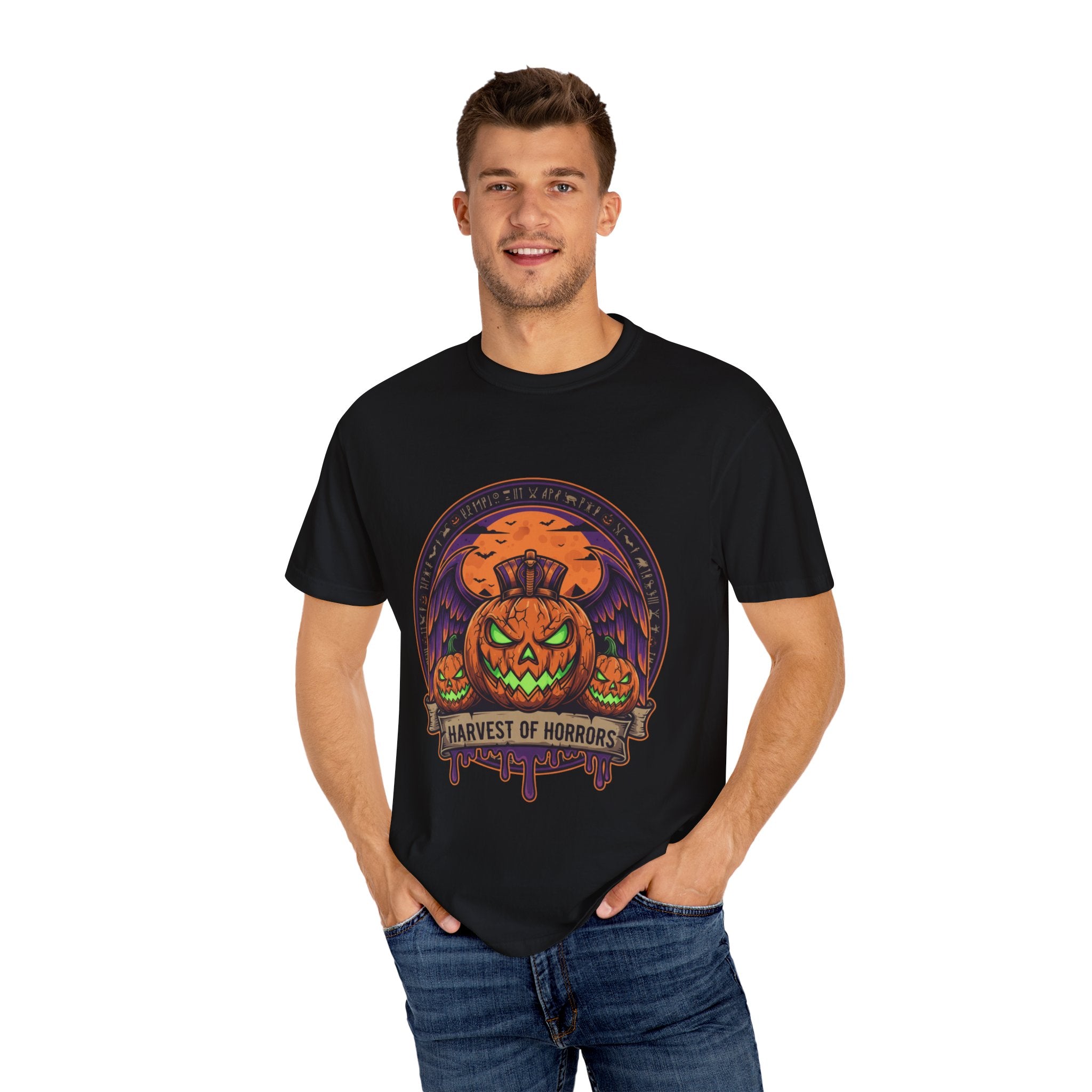 Harvest of Horrors Unisex T-shirt | Halloween Apparel, Spooky Graphic Tee, Fall Fashion, Pumpkin Shirt, October Outfit