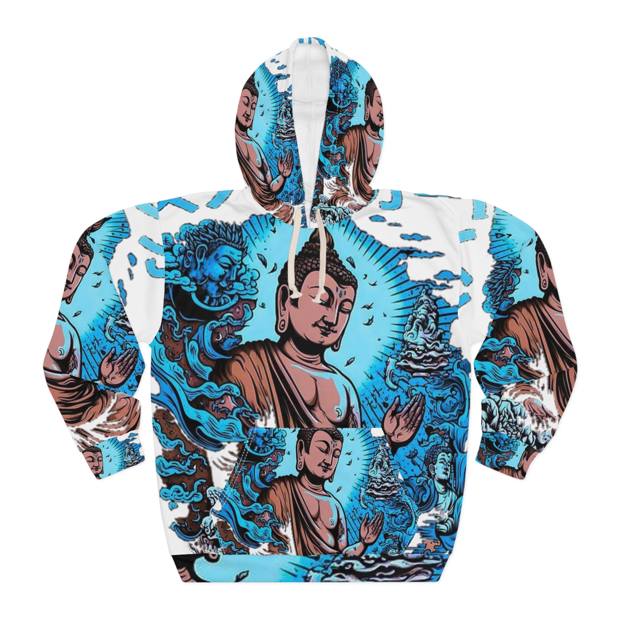 Buddha-Inspired Unisex Pullover Hoodie, Spiritual Hoodie, Meditation Apparel, Calm Vibe, Gift for Yogis, Colorful AOP Design