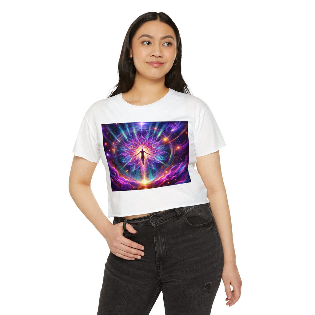 Colorful Cosmic Women's Festival Crop Top, Boho Summer Shirt, Music Festival Wear, Psychedelic Tee, Yoga Top, Gift for Her