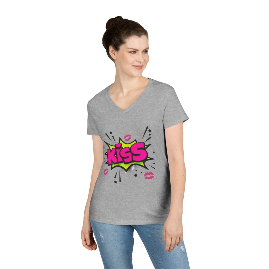 Kiss Graphic V-Neck Tee, Fun Graphic Shirt, Gift for Her, Casual Fashion, Cute Summer Top, Valentine's Day Gift