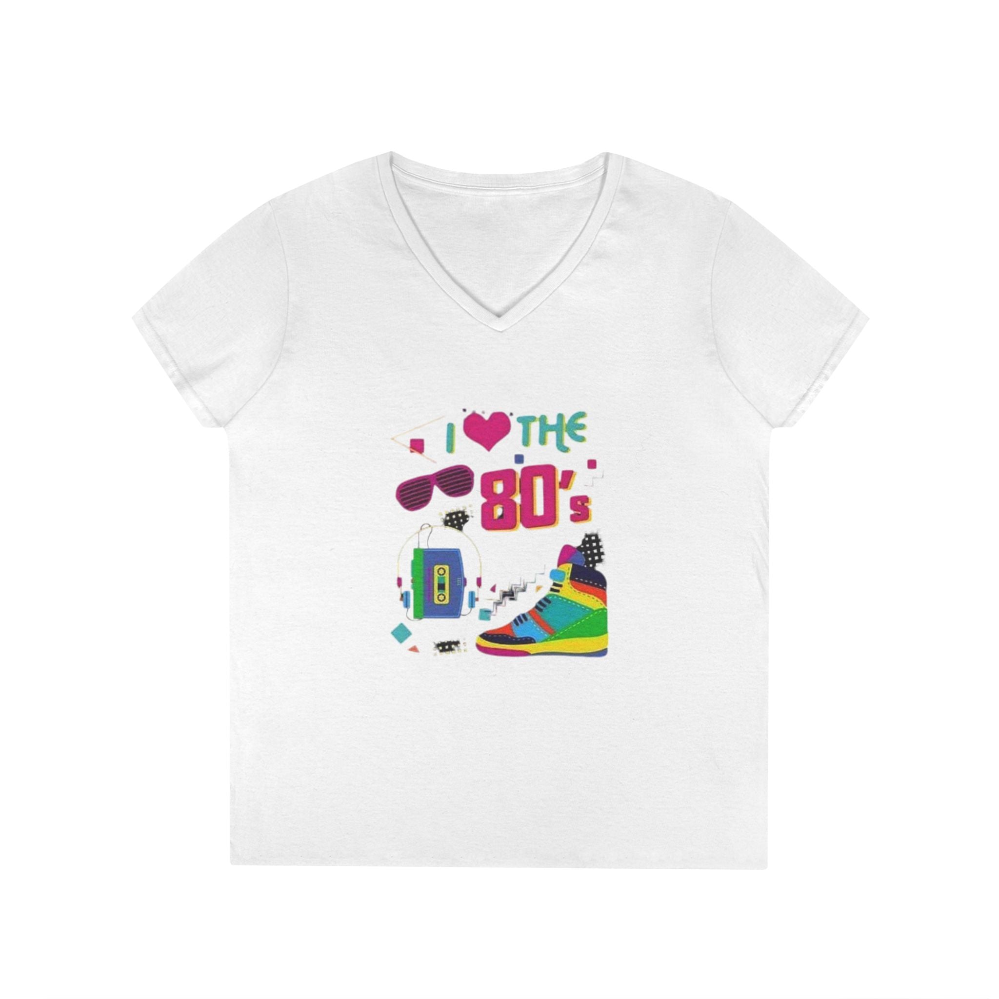 I Love The 80's Ladies' V-Neck T-Shirt, RetroStyle Tee, Vintage 80s Shirt, Perfect for Parties, Gifts for Her, Nostalgic Fashion
