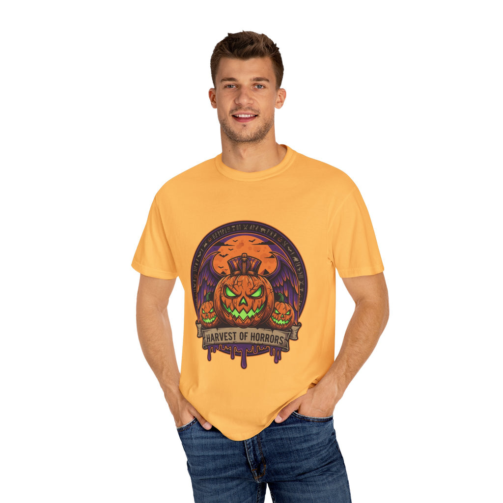 Harvest of Horrors Unisex T-shirt | Halloween Apparel, Spooky Graphic Tee, Fall Fashion, Pumpkin Shirt, October Outfit