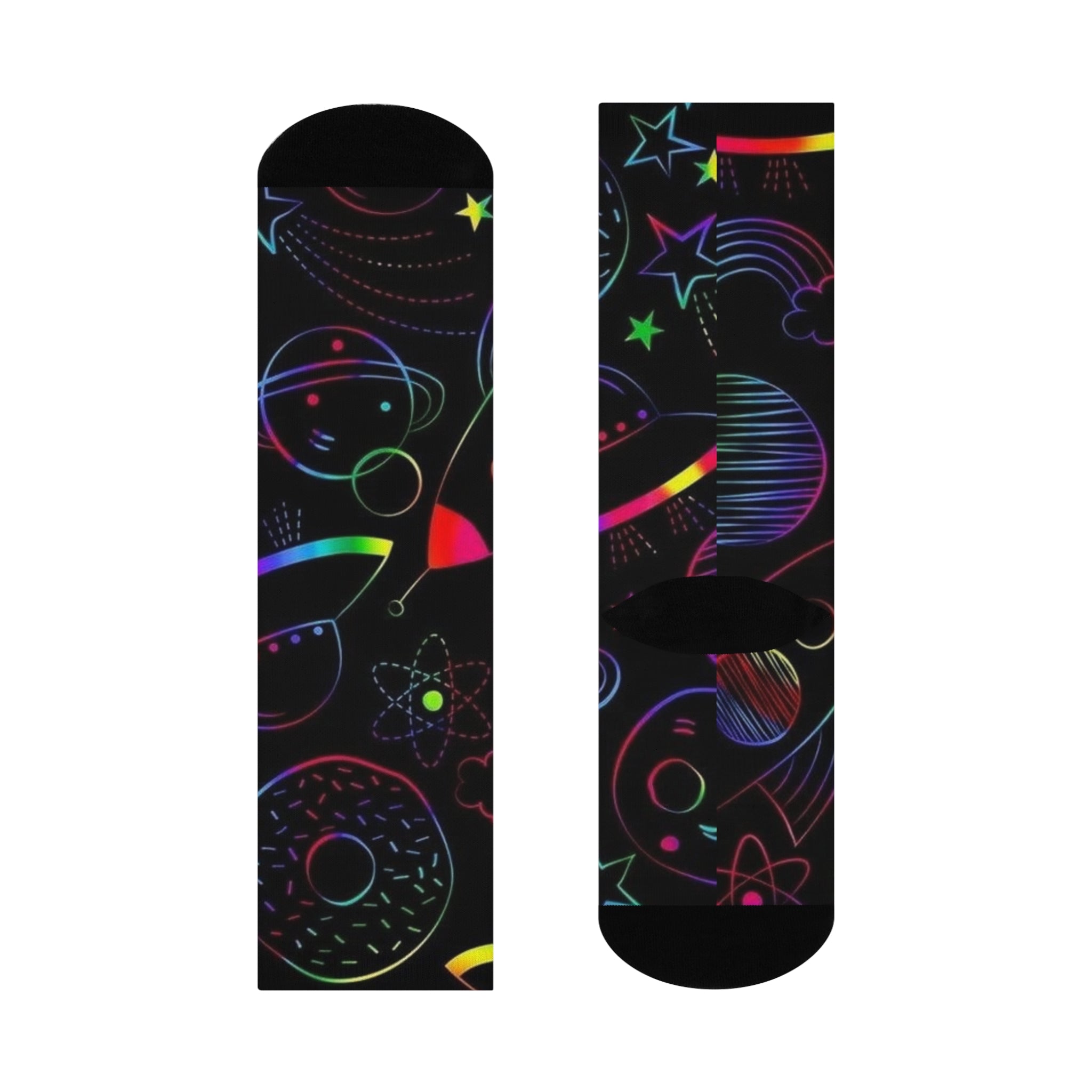 Cosmic Fun Cushioned Crew Socks - Colorful Space Design, Unique Gift for Astronomy Lovers, Comfortable Everyday Wear, Festival Accessory