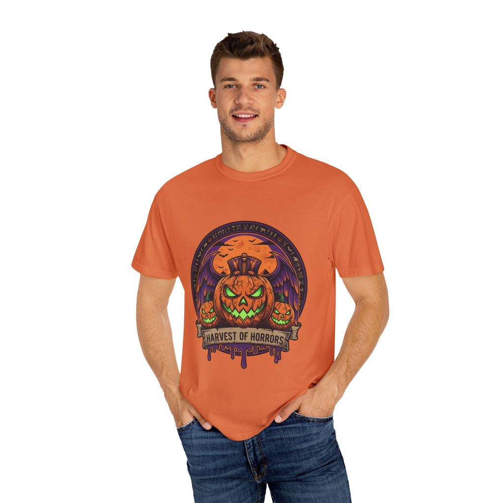 Harvest of Horrors Unisex T-shirt | Halloween Apparel, Spooky Graphic Tee, Fall Fashion, Pumpkin Shirt, October Outfit