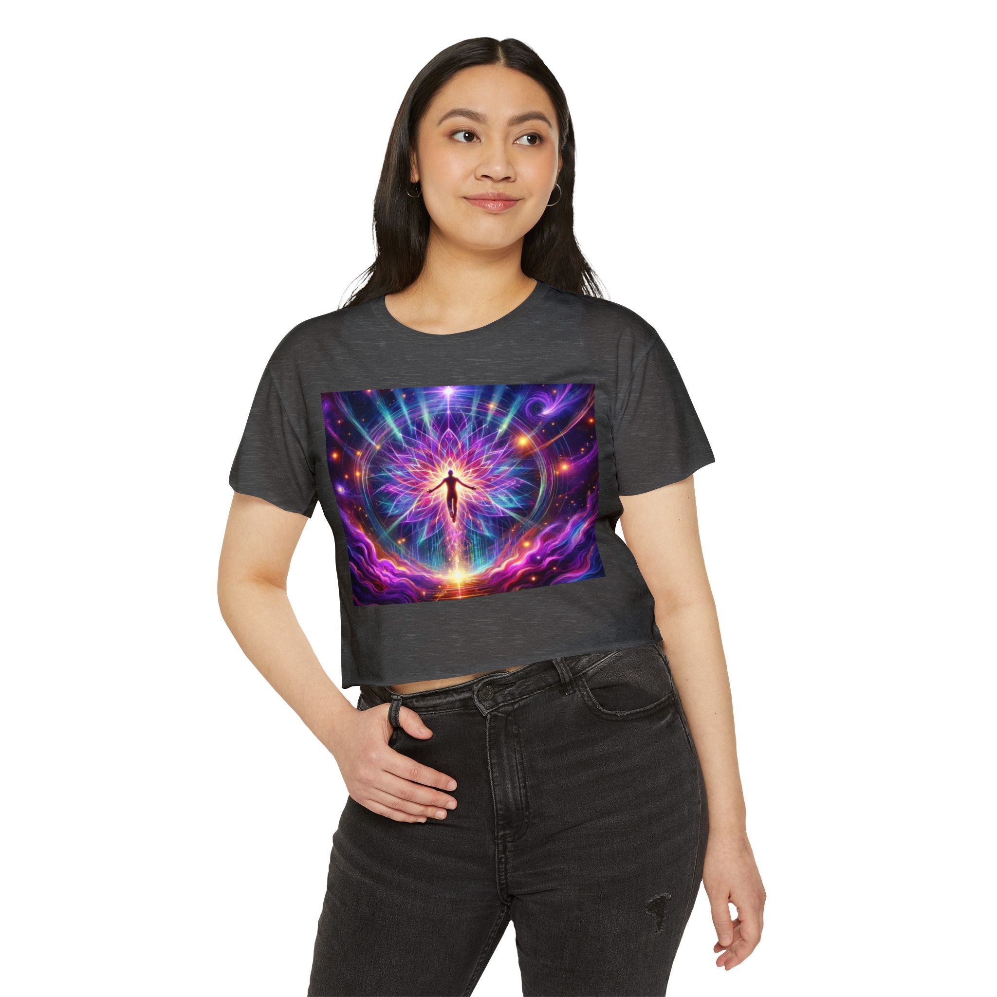Colorful Cosmic Women's Festival Crop Top, Boho Summer Shirt, Music Festival Wear, Psychedelic Tee, Yoga Top, Gift for Her