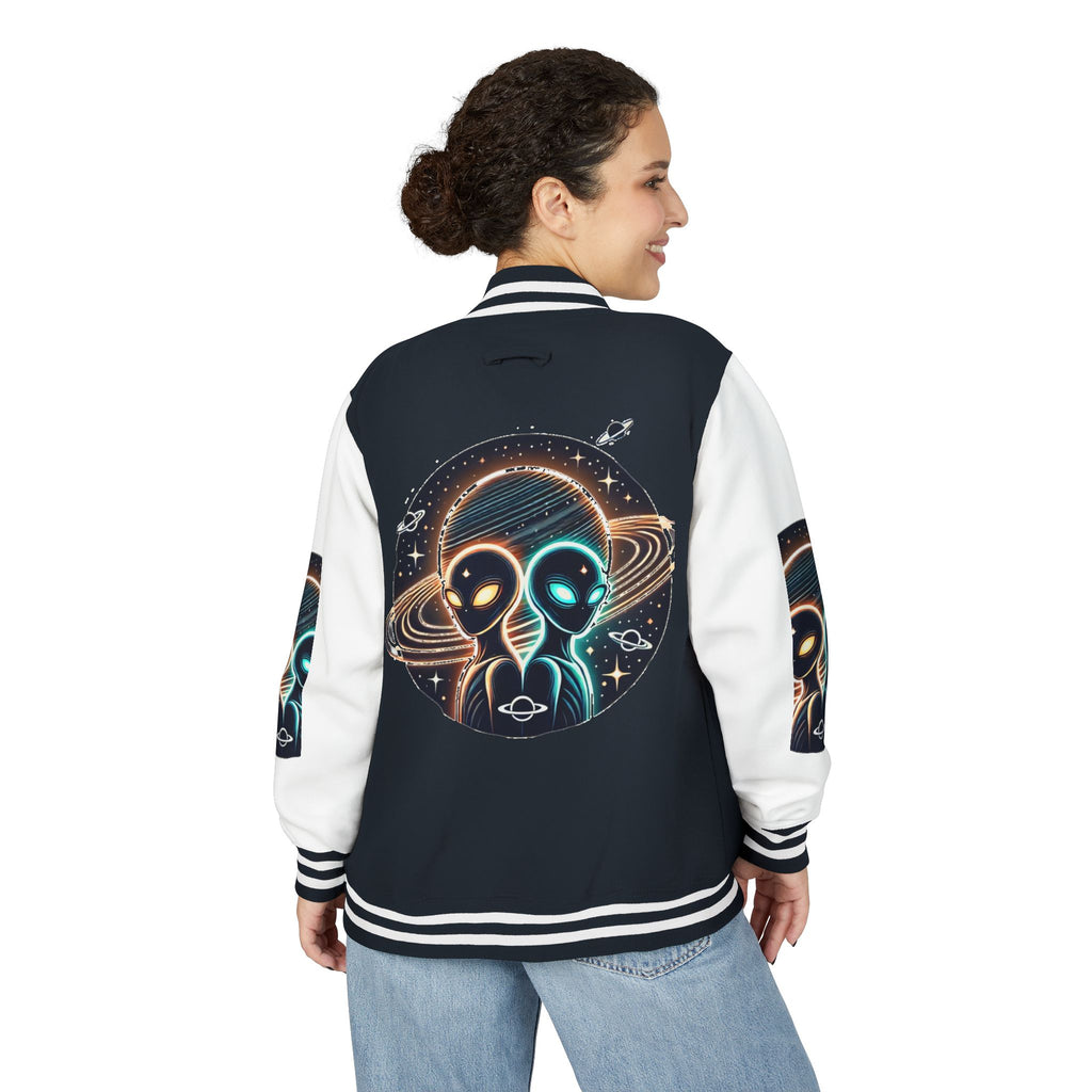 Cosmic Alien Letterman Jacket | Vintage Style Outerwear, Trendy Unisex Jacket, Space Theme Apparel, Perfect for Cosplay or Gift