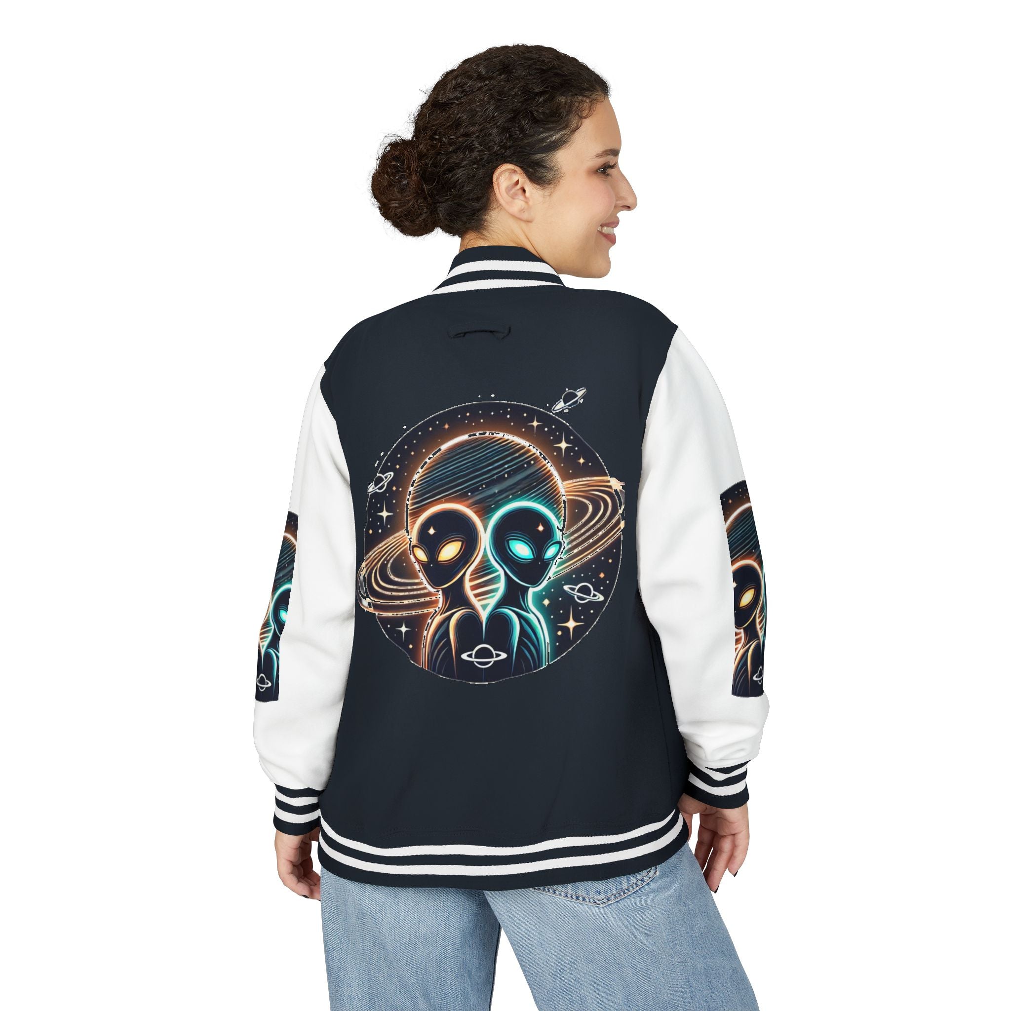 Cosmic Alien Letterman Jacket | Vintage Style Outerwear, Trendy Unisex Jacket, Space Theme Apparel, Perfect for Cosplay or Gift
