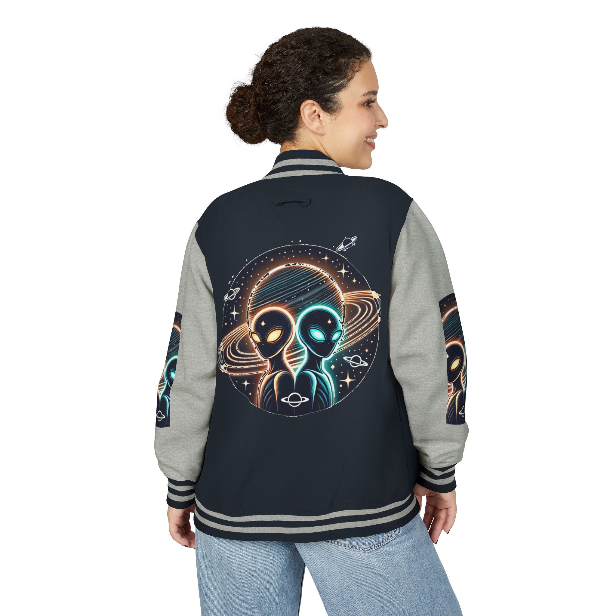 Cosmic Alien Letterman Jacket | Vintage Style Outerwear, Trendy Unisex Jacket, Space Theme Apparel, Perfect for Cosplay or Gift