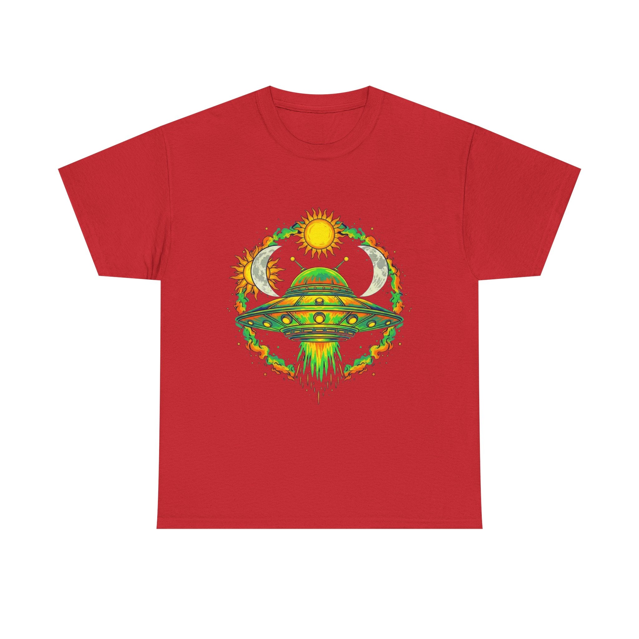 Cosmic Vibes Unisex Heavy Cotton Tee | UFO Graphic T-Shirt, Space Lover Gift, Festival Wear, Summer Style, Unique Tee