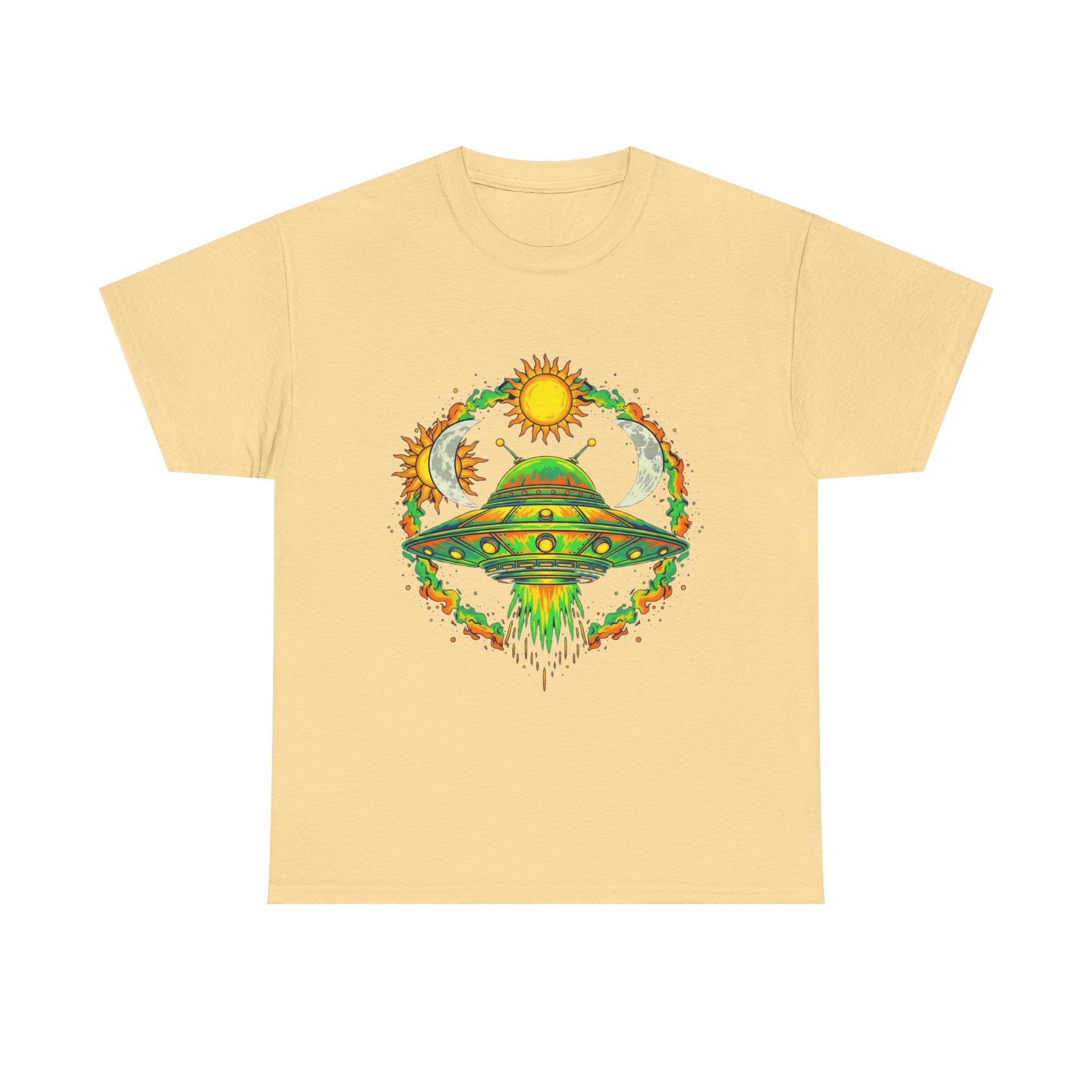 Cosmic Vibes Unisex Heavy Cotton Tee | UFO Graphic T-Shirt, Space Lover Gift, Festival Wear, Summer Style, Unique Tee