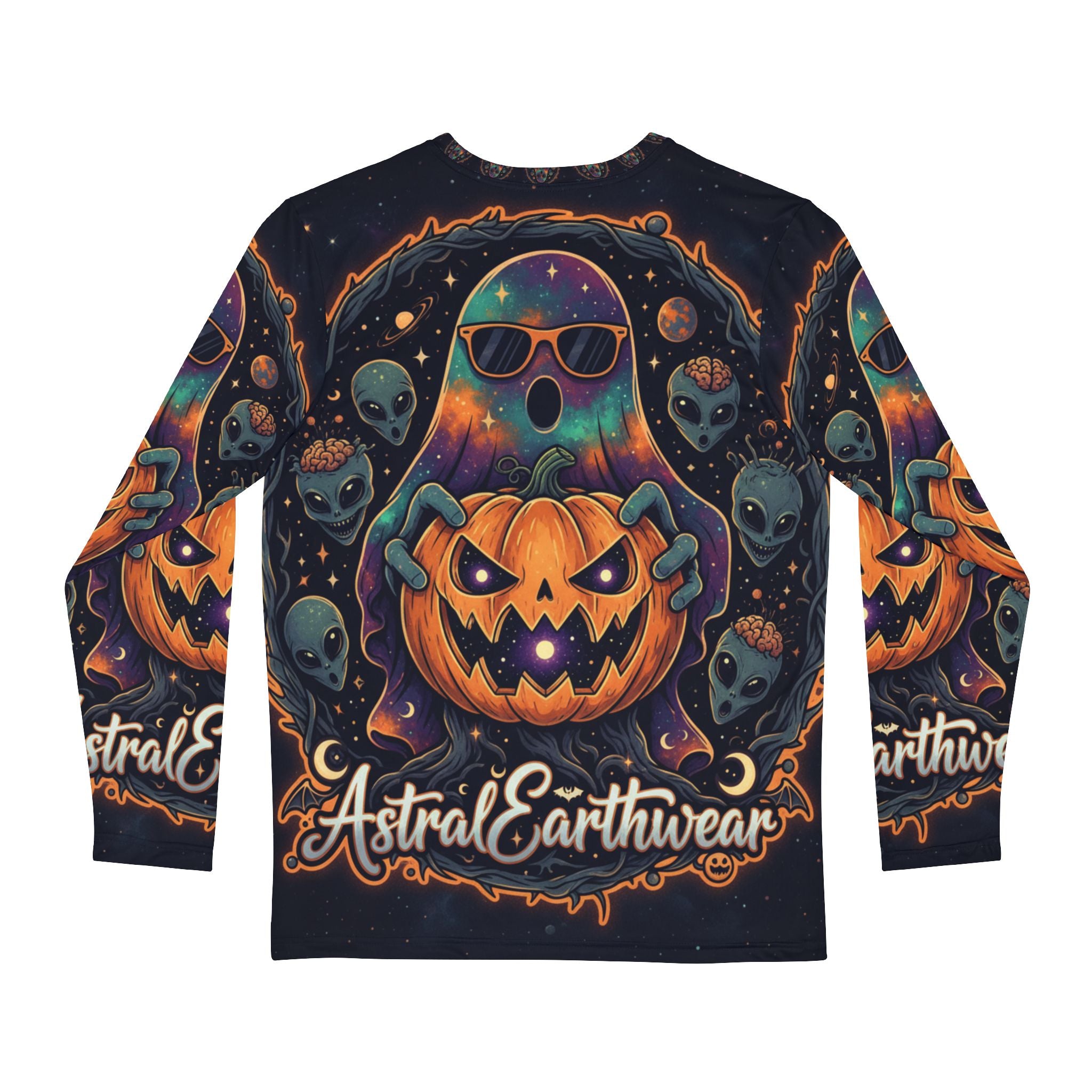 Cosmic Halloween Long Sleeve Shirt, Men's Festive Tee, Astral Earthwear Apparel, Spooky Season Gear, Unique Graphic Shirt