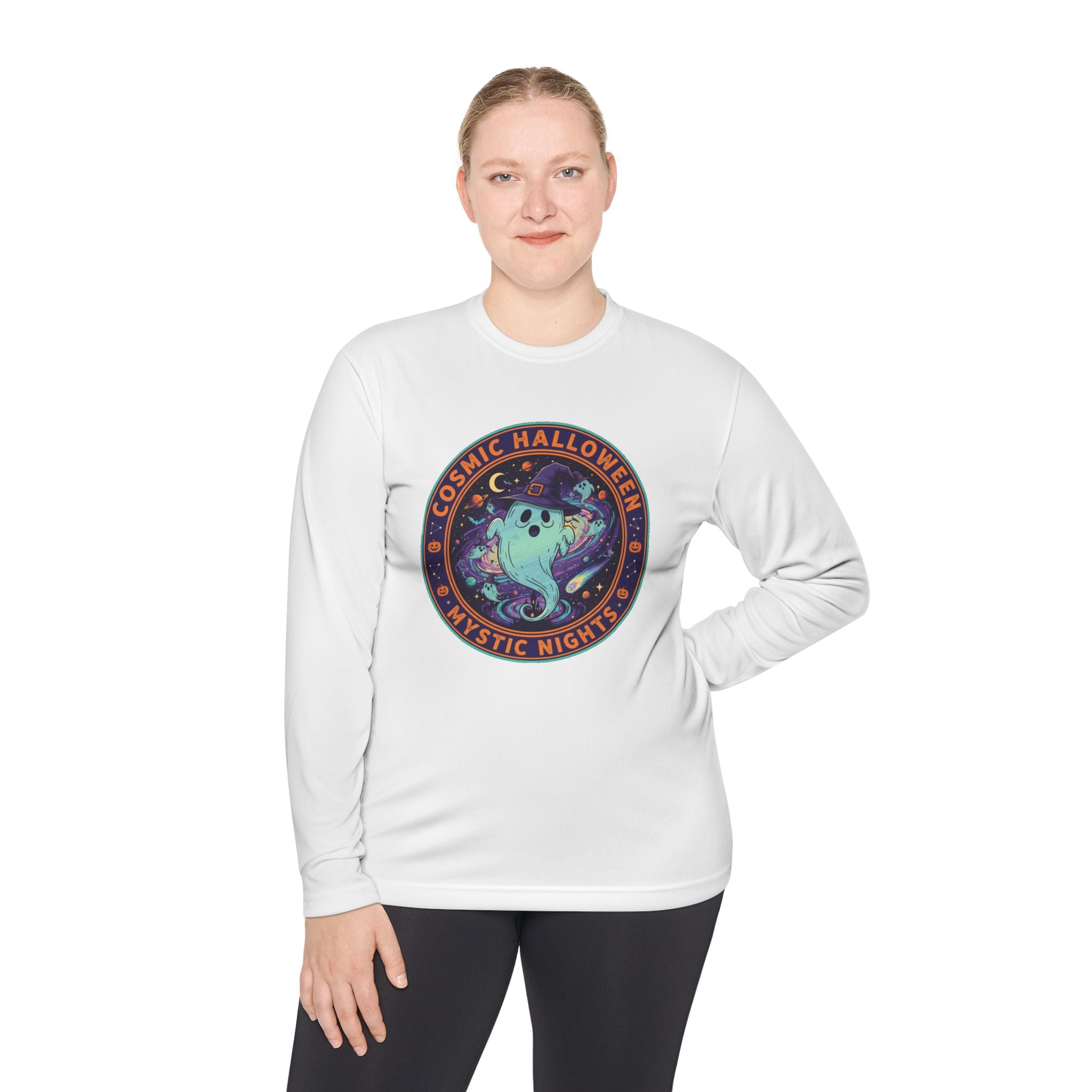 Cosmic Halloween Unisex Lightweight Long Sleeve Tee, Spooky Apparel for Fall, Ghost Graphic Tee, Mystic Nights Shirt, Halloween Fashion