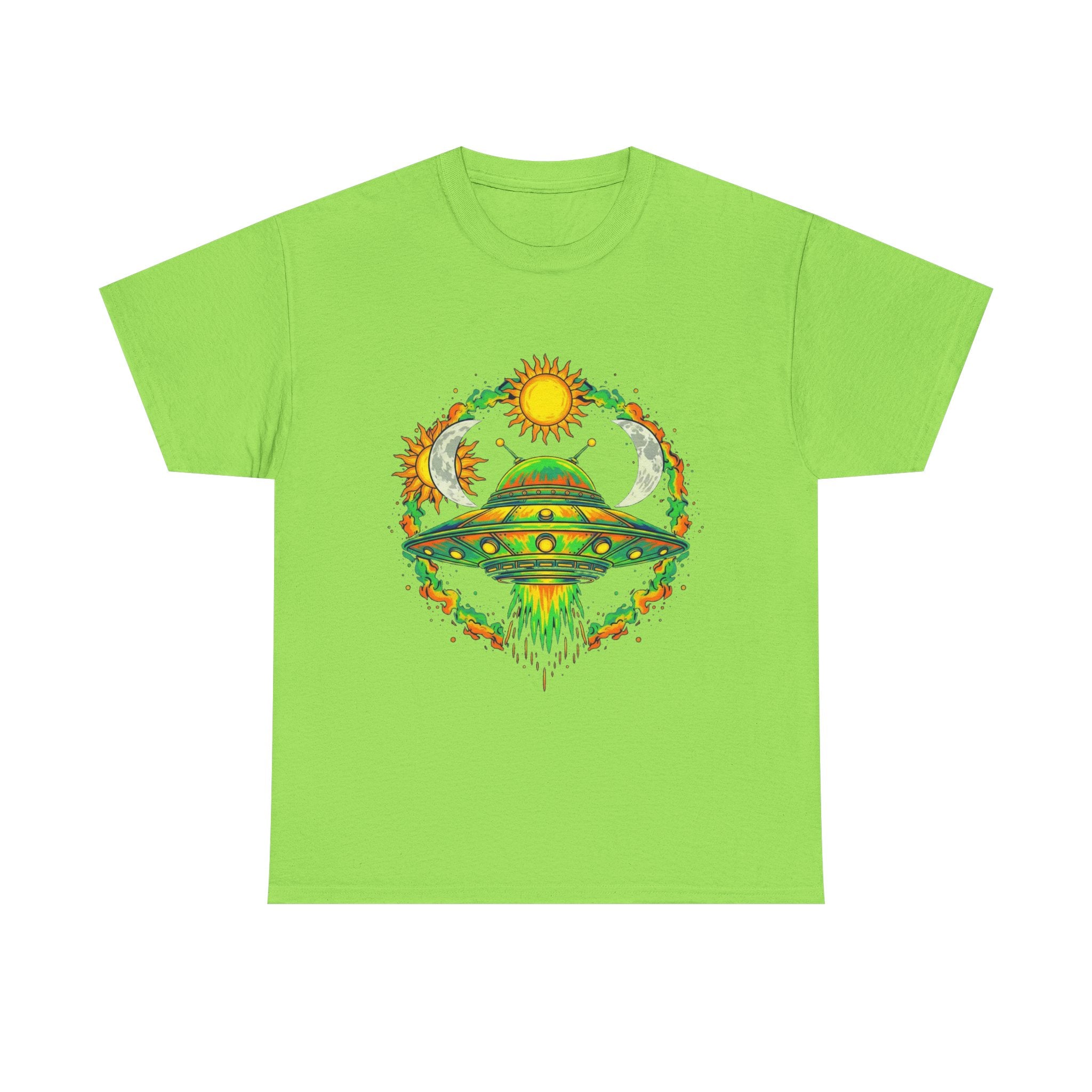 Cosmic Vibes Unisex Heavy Cotton Tee | UFO Graphic T-Shirt, Space Lover Gift, Festival Wear, Summer Style, Unique Tee