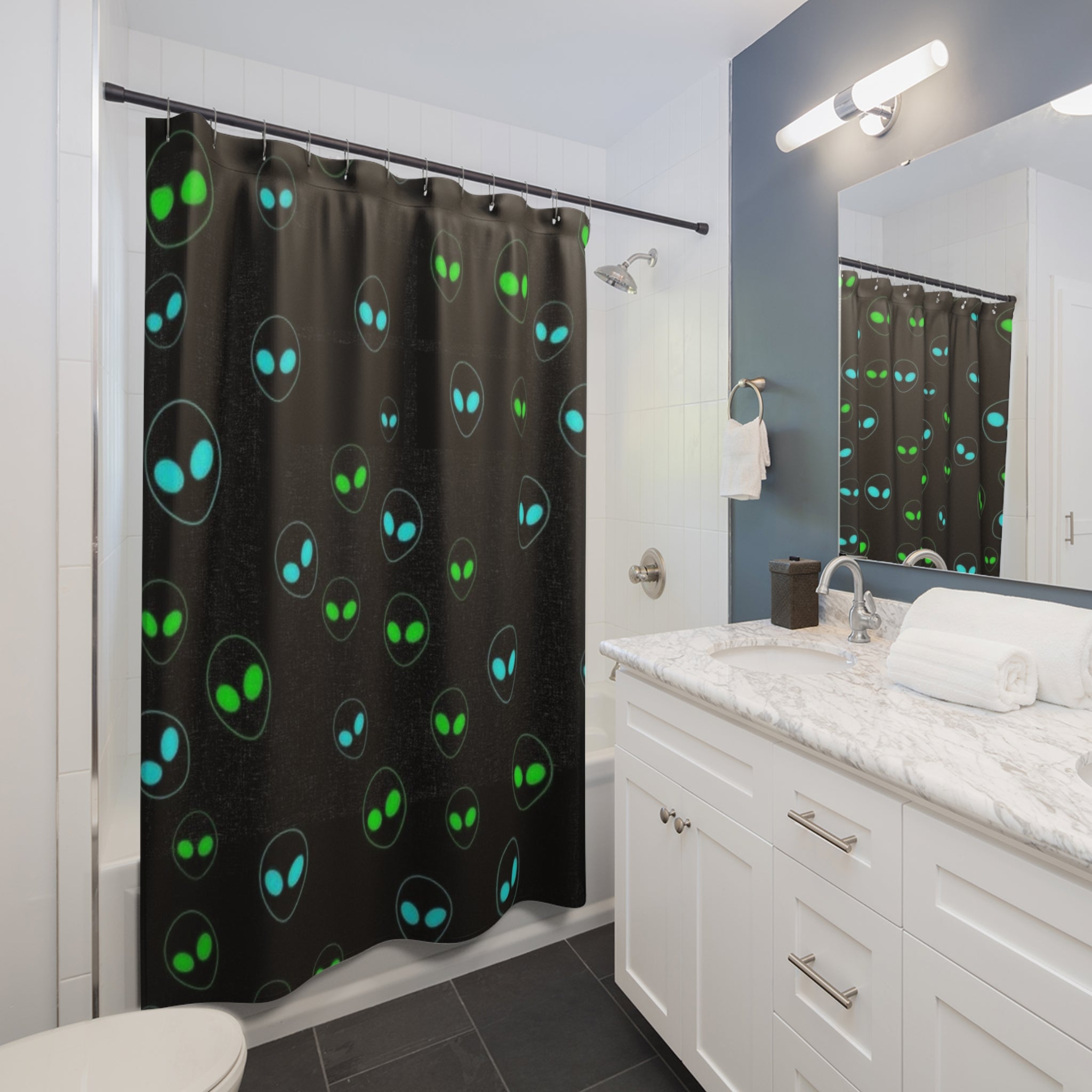 Alien-Inspired Shower Curtain - Fun Bathroom Decor for Sci-Fi Lovers, Gifts for Space Enthusiasts, Unique Home Accent, Modern Bathroom