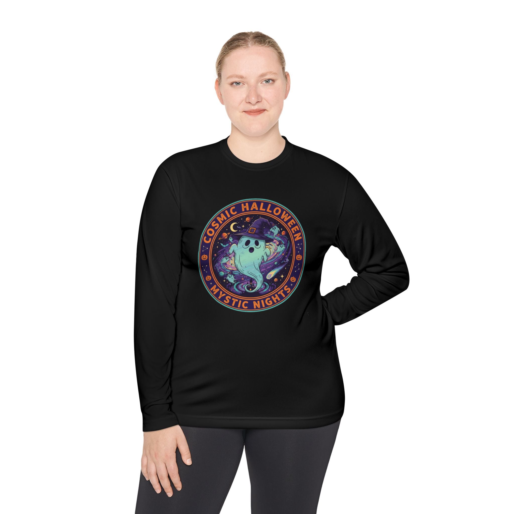 Cosmic Halloween Unisex Lightweight Long Sleeve Tee, Spooky Apparel for Fall, Ghost Graphic Tee, Mystic Nights Shirt, Halloween Fashion