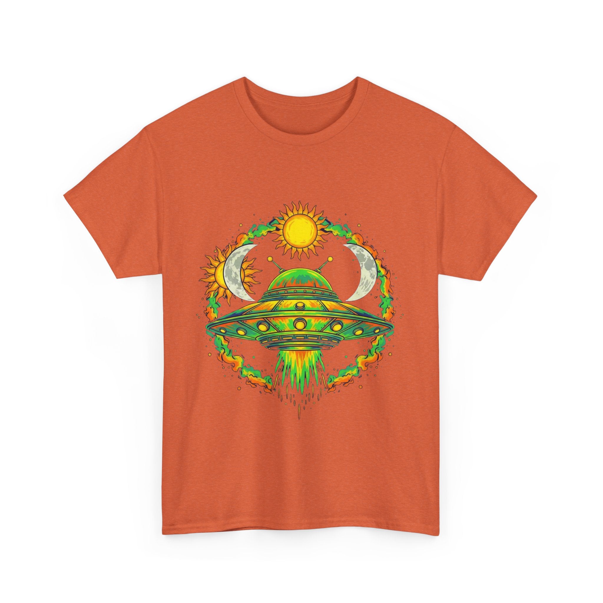 Cosmic Vibes Unisex Heavy Cotton Tee | UFO Graphic T-Shirt, Space Lover Gift, Festival Wear, Summer Style, Unique Tee