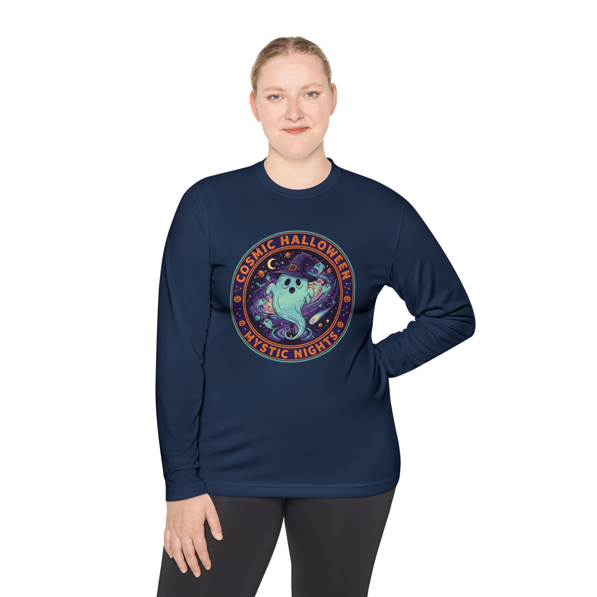 Cosmic Halloween Unisex Lightweight Long Sleeve Tee, Spooky Apparel for Fall, Ghost Graphic Tee, Mystic Nights Shirt, Halloween Fashion