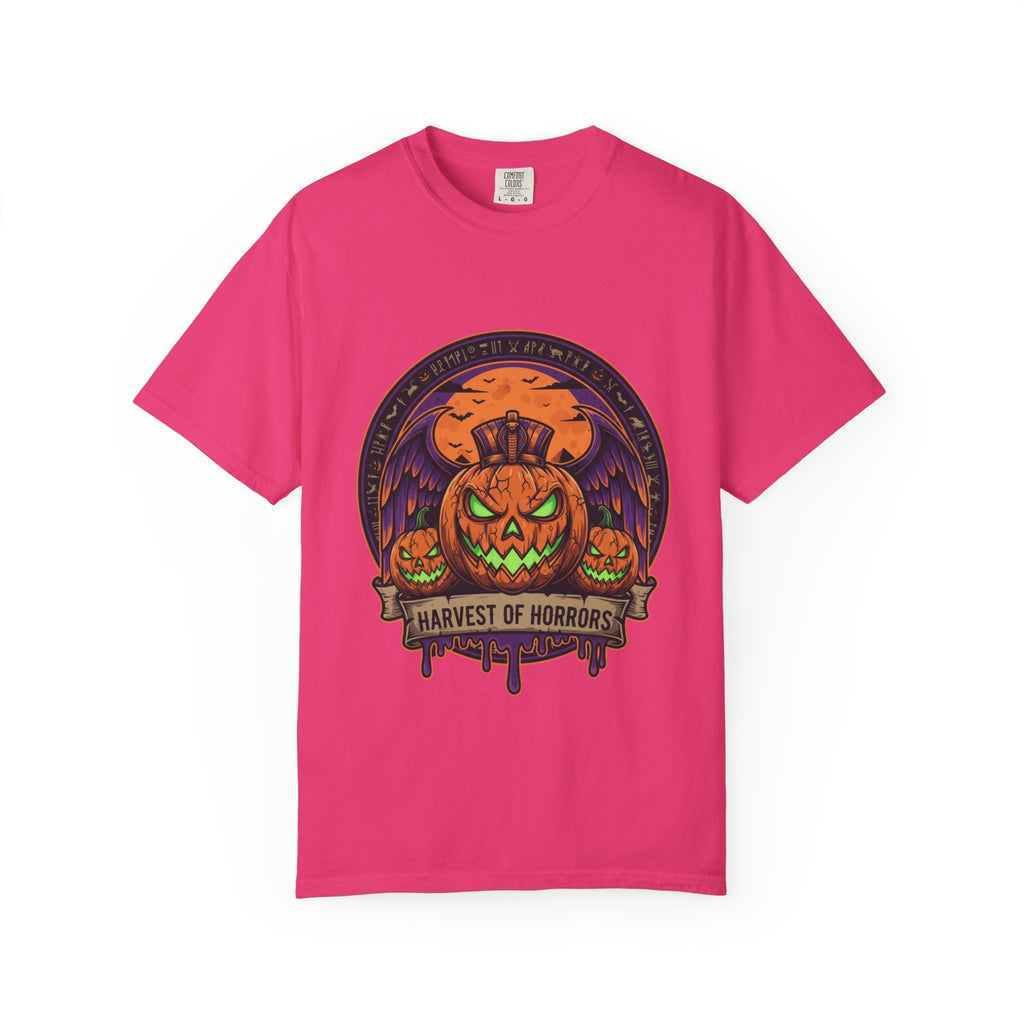 Harvest of Horrors Unisex T-shirt | Halloween Apparel, Spooky Graphic Tee, Fall Fashion, Pumpkin Shirt, October Outfit
