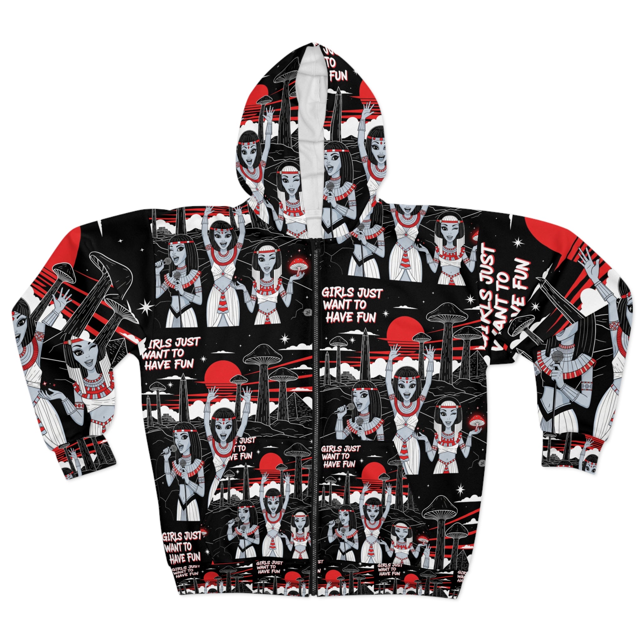 Unisex AOP Zip Hoodie - Fun Vibes Halloween Outerwear, Cozy Layer, Unique Gift for Friends, Goth Style Apparels, Festival Wear