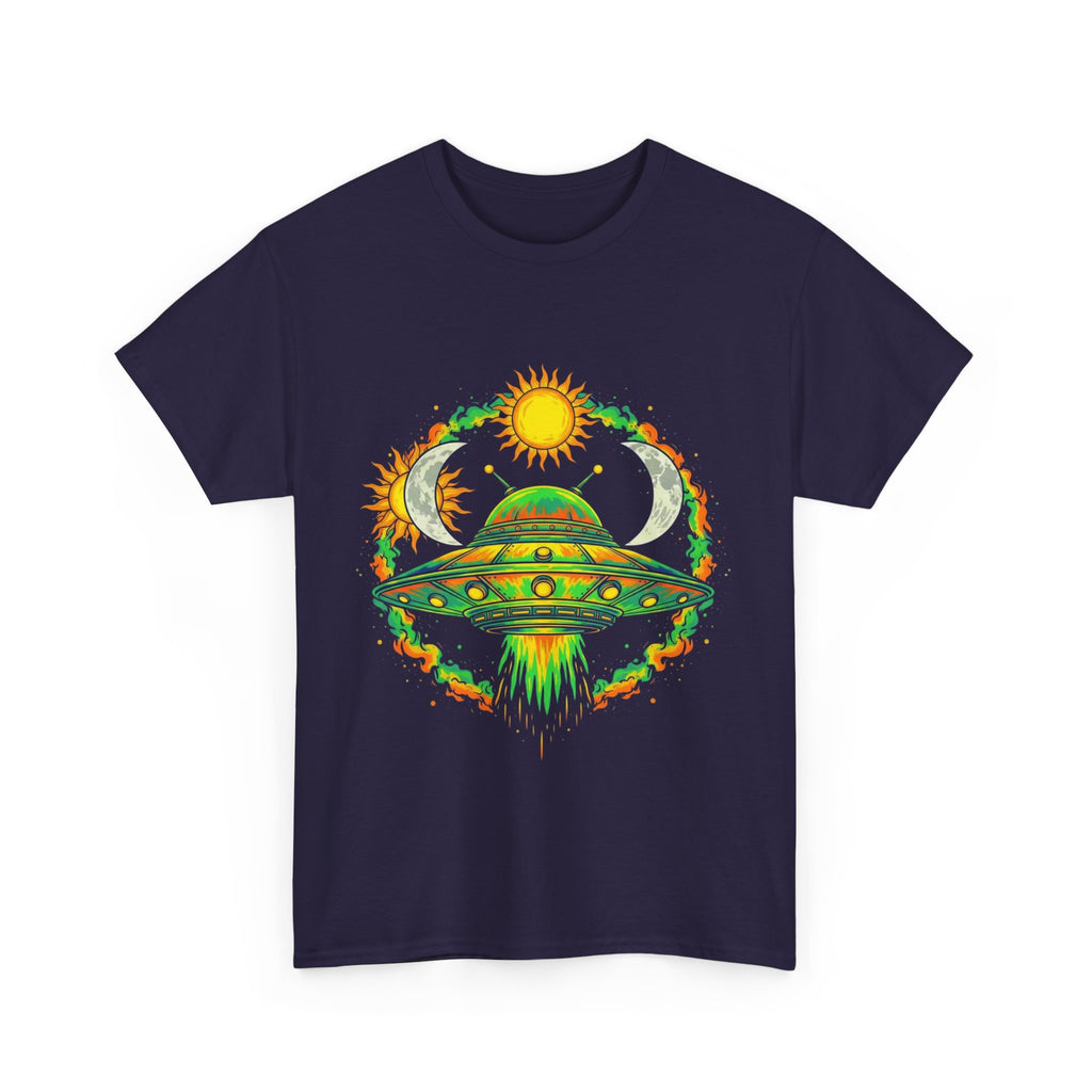 Cosmic Vibes Unisex Heavy Cotton Tee | UFO Graphic T-Shirt, Space Lover Gift, Festival Wear, Summer Style, Unique Tee