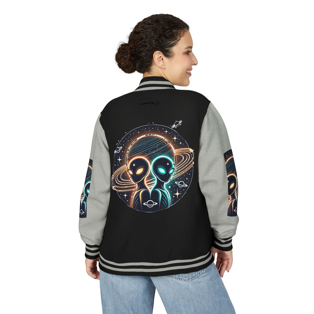Cosmic Alien Letterman Jacket | Vintage Style Outerwear, Trendy Unisex Jacket, Space Theme Apparel, Perfect for Cosplay or Gift