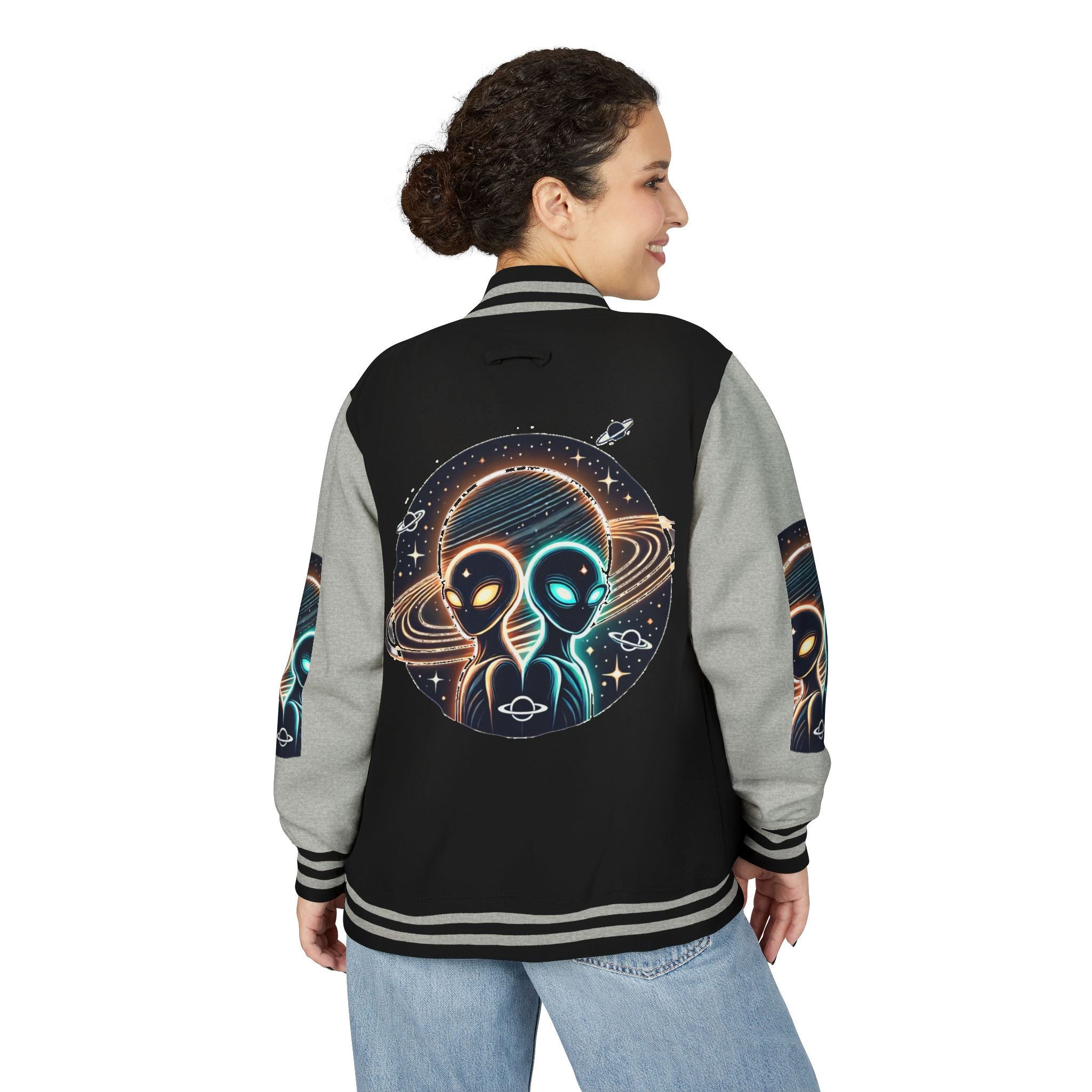 Cosmic Alien Letterman Jacket | Vintage Style Outerwear, Trendy Unisex Jacket, Space Theme Apparel, Perfect for Cosplay or Gift