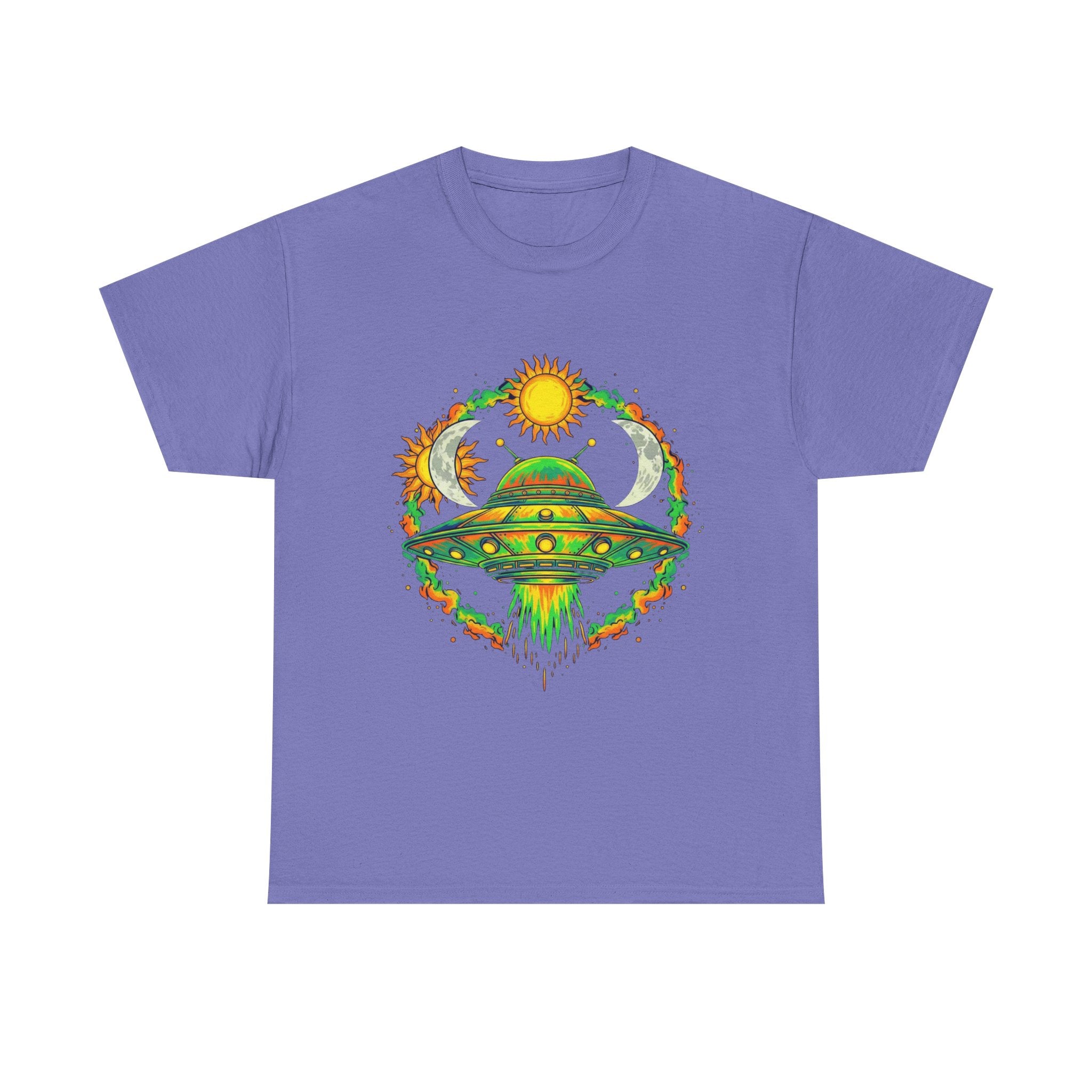 Cosmic Vibes Unisex Heavy Cotton Tee | UFO Graphic T-Shirt, Space Lover Gift, Festival Wear, Summer Style, Unique Tee