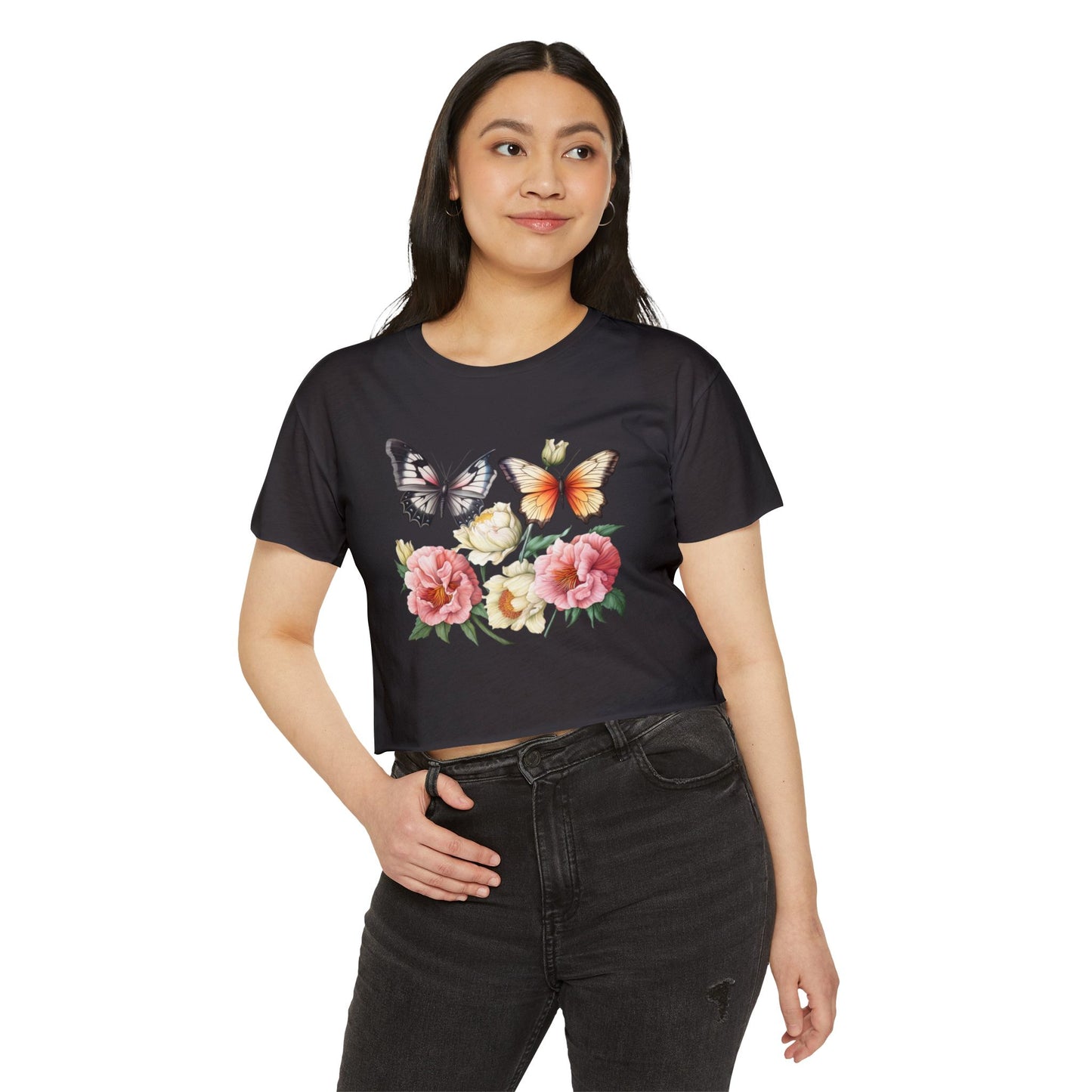 Bohemian Butterfly Crop Top, Festival Clothing, Summer Top, Women's T-Shirt, Floral Print Tee, Casual Wear, Gift for Her