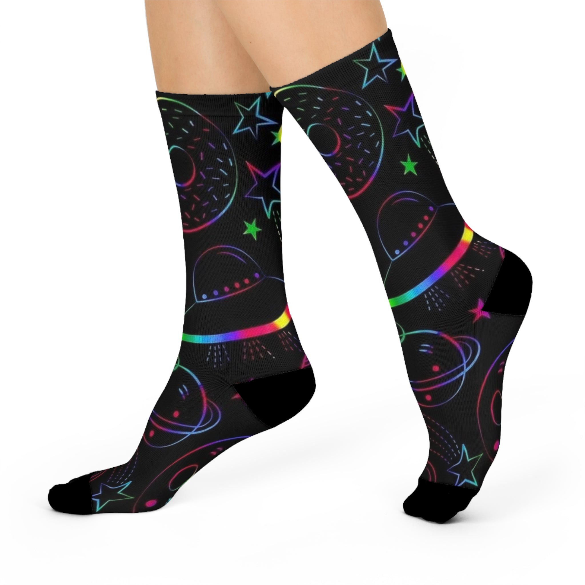 Cosmic Fun Cushioned Crew Socks - Colorful Space Design, Unique Gift for Astronomy Lovers, Comfortable Everyday Wear, Festival Accessory