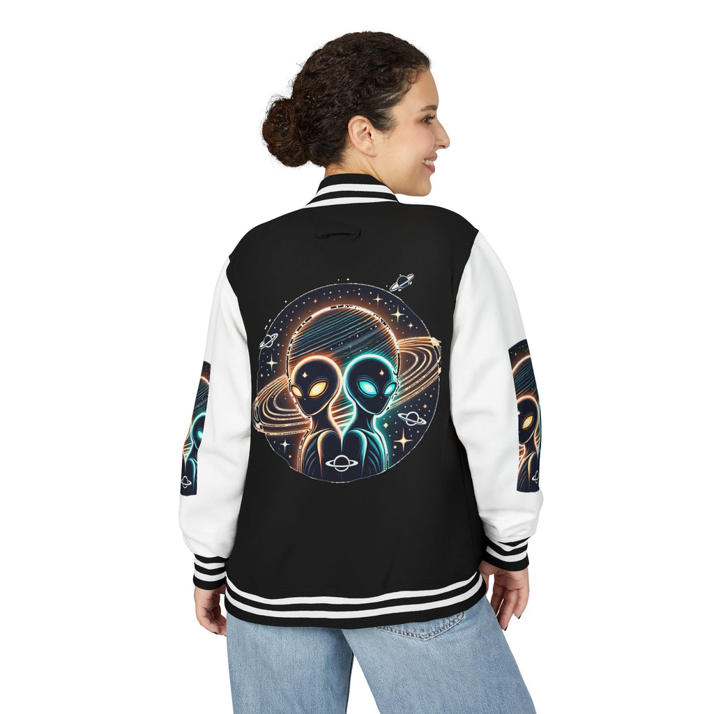 Cosmic Alien Letterman Jacket | Vintage Style Outerwear, Trendy Unisex Jacket, Space Theme Apparel, Perfect for Cosplay or Gift