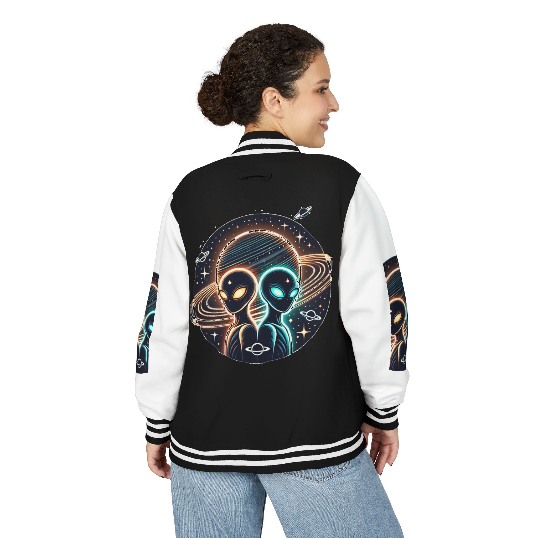 Cosmic Alien Letterman Jacket | Vintage Style Outerwear, Trendy Unisex Jacket, Space Theme Apparel, Perfect for Cosplay or Gift