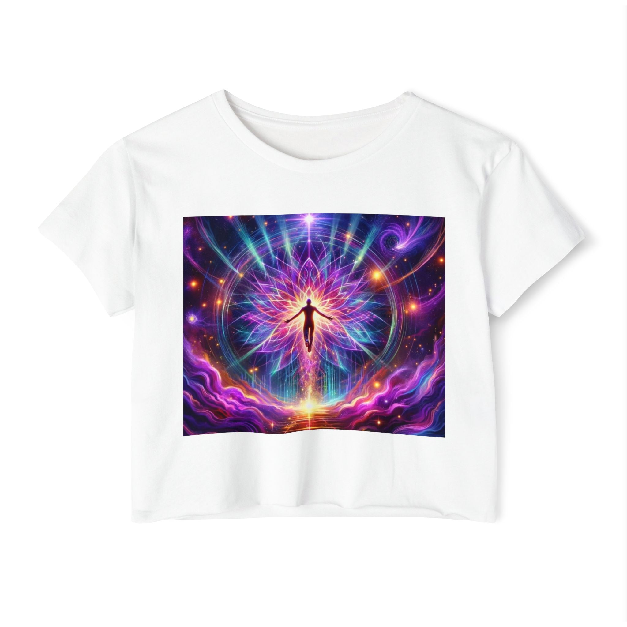 Colorful Cosmic Women's Festival Crop Top, Boho Summer Shirt, Music Festival Wear, Psychedelic Tee, Yoga Top, Gift for Her