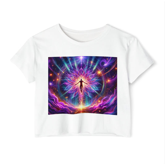 Colorful Cosmic Women's Festival Crop Top, Boho Summer Shirt, Music Festival Wear, Psychedelic Tee, Yoga Top, Gift for Her