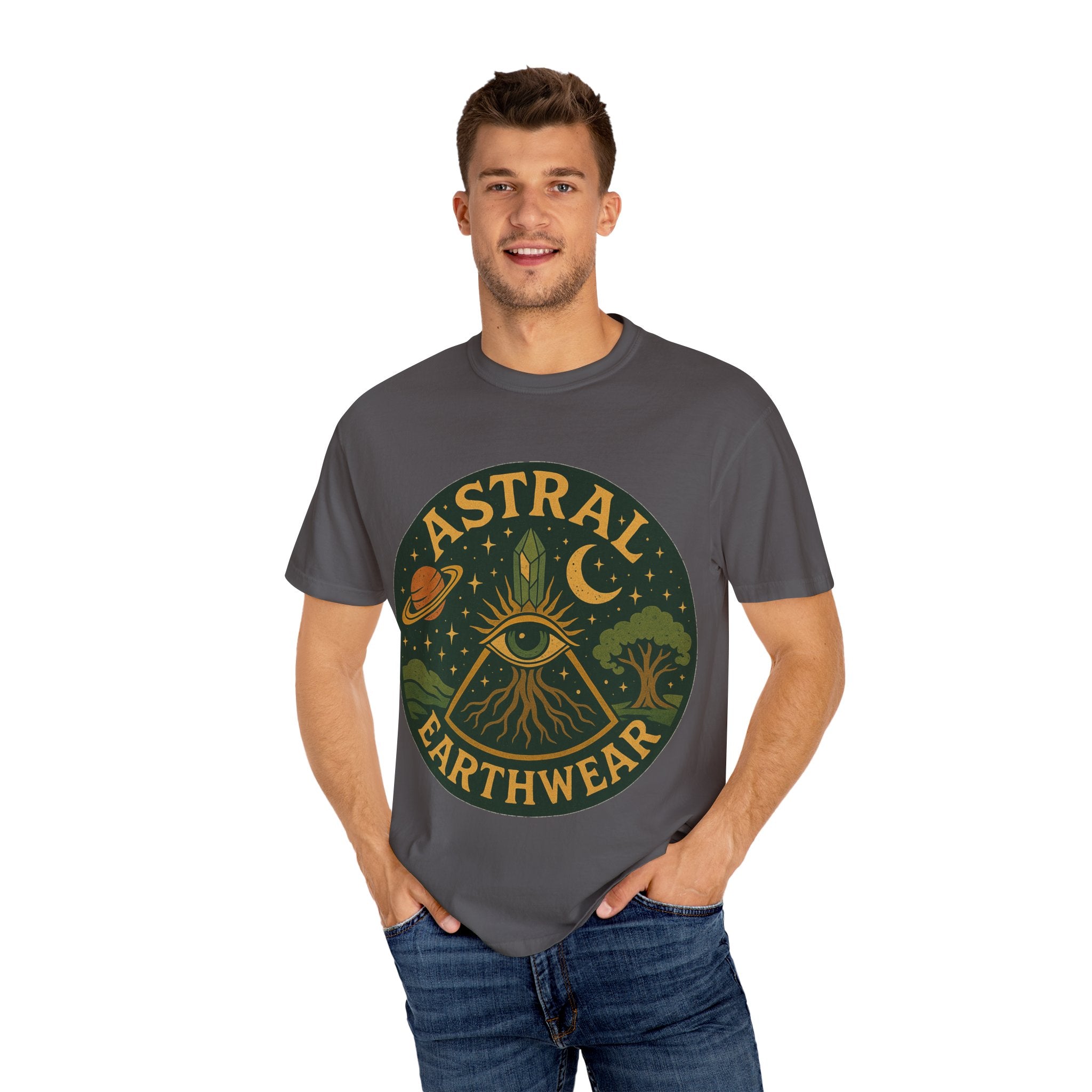 Astral Earthwear Unisex T-Shirt, Boho Graphic Tee, Celestial Design Shirt, Gift for Nature Lovers, Casual Earthy Style