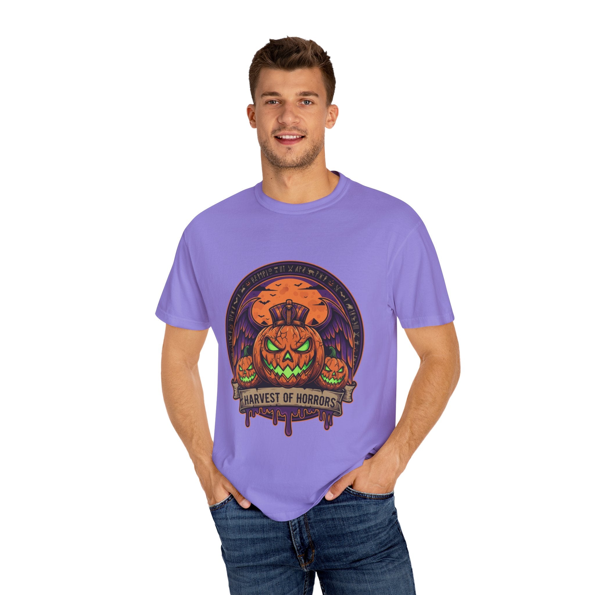 Harvest of Horrors Unisex T-shirt | Halloween Apparel, Spooky Graphic Tee, Fall Fashion, Pumpkin Shirt, October Outfit