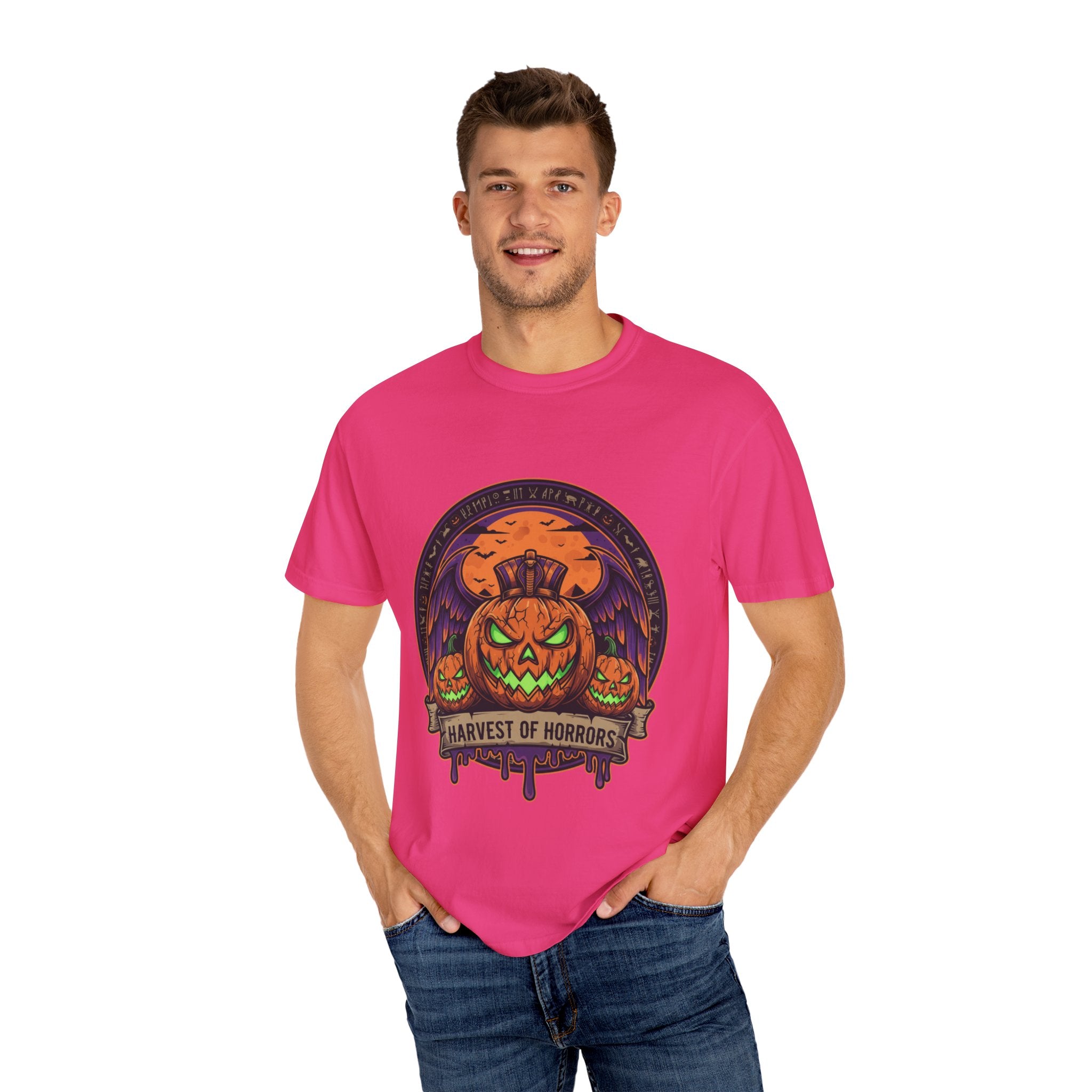 Harvest of Horrors Unisex T-shirt | Halloween Apparel, Spooky Graphic Tee, Fall Fashion, Pumpkin Shirt, October Outfit