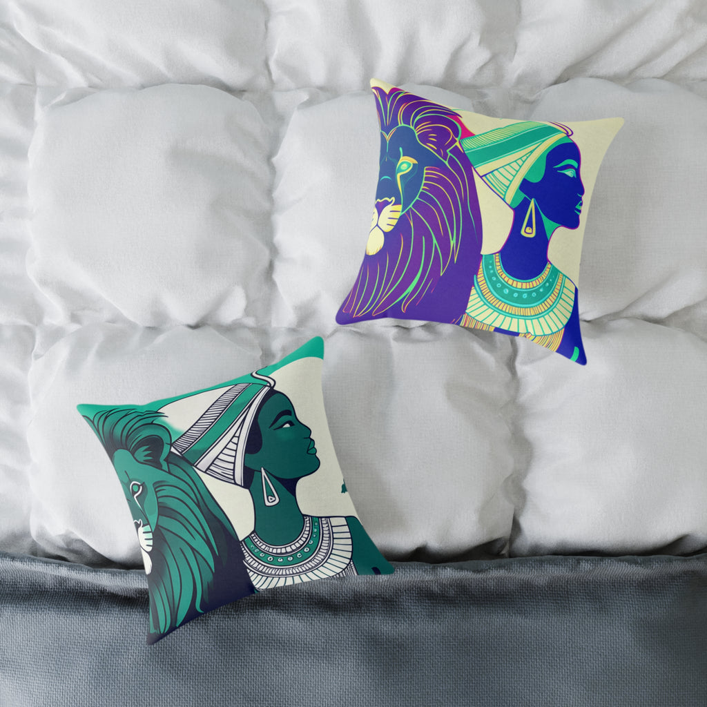 Cultural Art Decorative Pillow, Ethnic Home Decor, Lion and Woman Accent Cushion, Sofa Throw Pillow, Unique Gift Idea