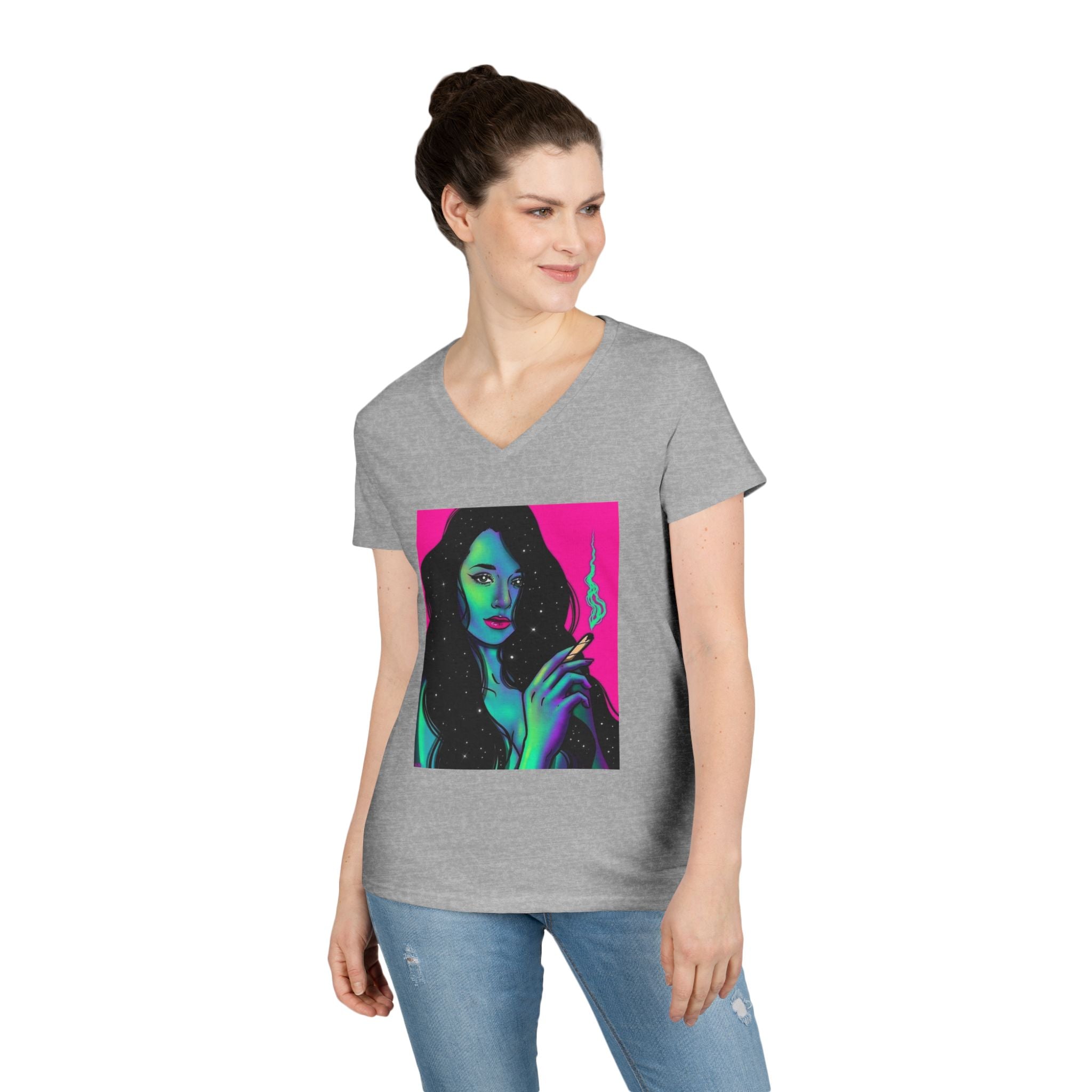 Cosmic Vibe Ladies' V-Neck T-Shirt with Mystical Artwork