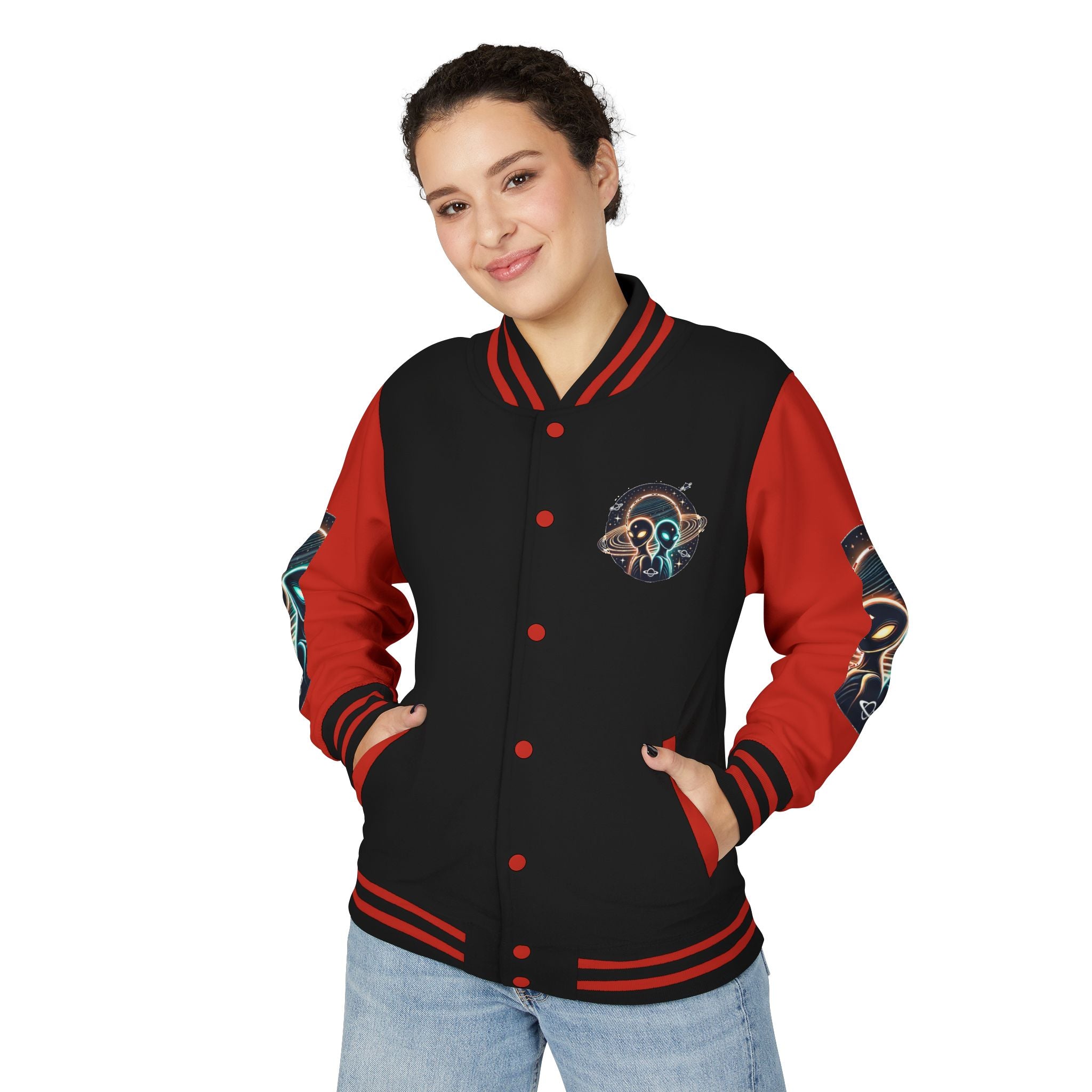 Cosmic Alien Letterman Jacket | Vintage Style Outerwear, Trendy Unisex Jacket, Space Theme Apparel, Perfect for Cosplay or Gift