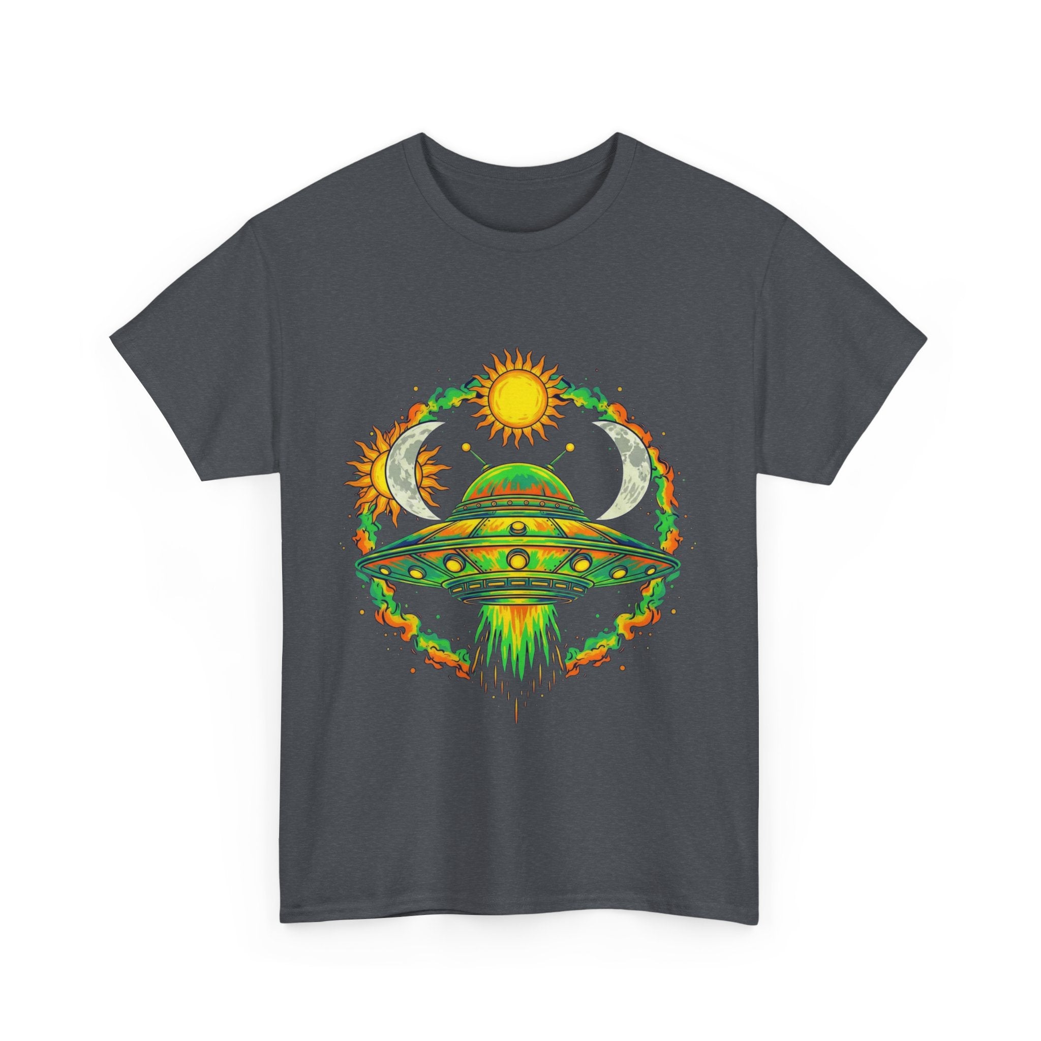 Cosmic Vibes Unisex Heavy Cotton Tee | UFO Graphic T-Shirt, Space Lover Gift, Festival Wear, Summer Style, Unique Tee