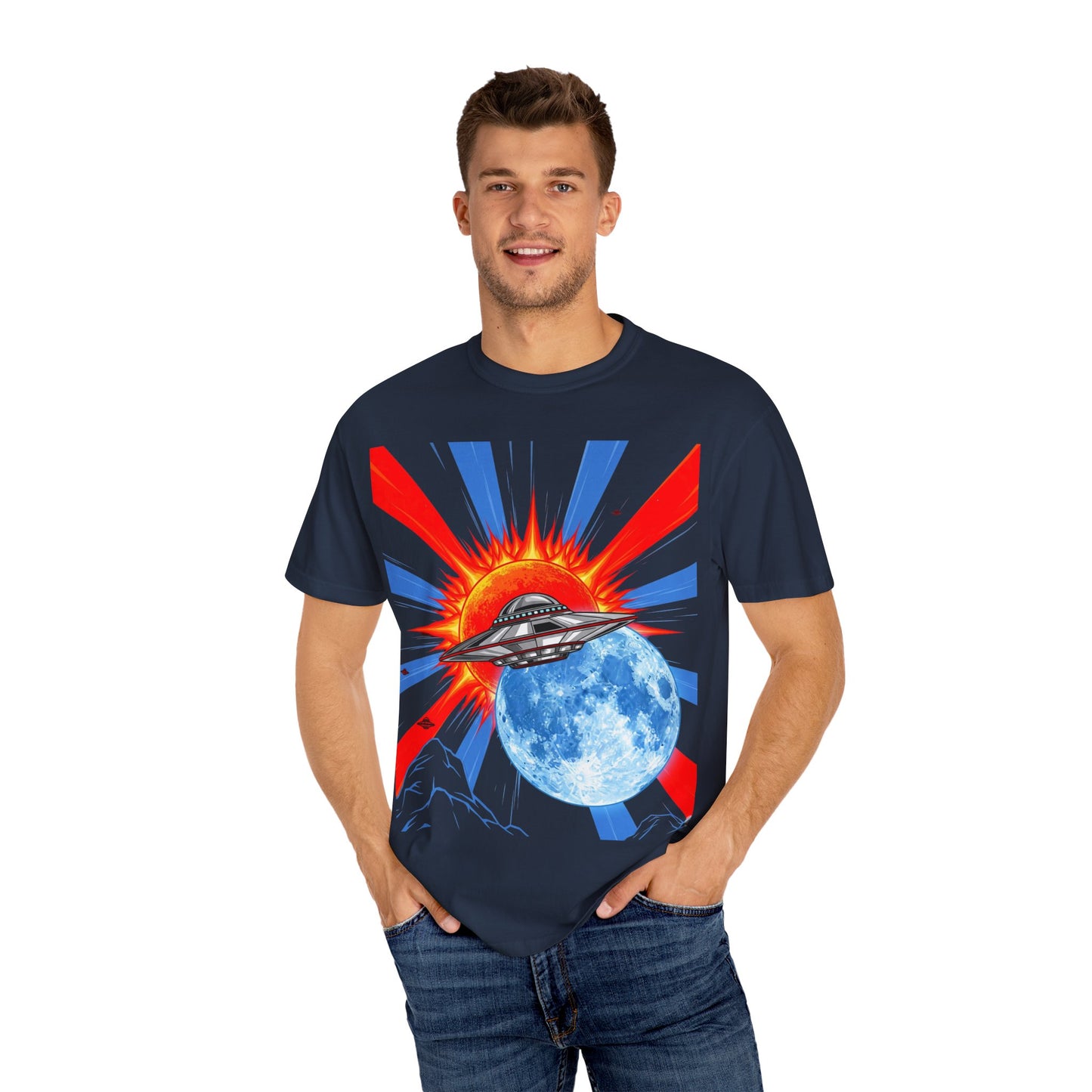 Retro Space Graphic T-shirt - Unisex Cartoon UFO Tee, Gift for Sci-fi Lovers, Casual Wear, Vintage Style, Summer Outfit
