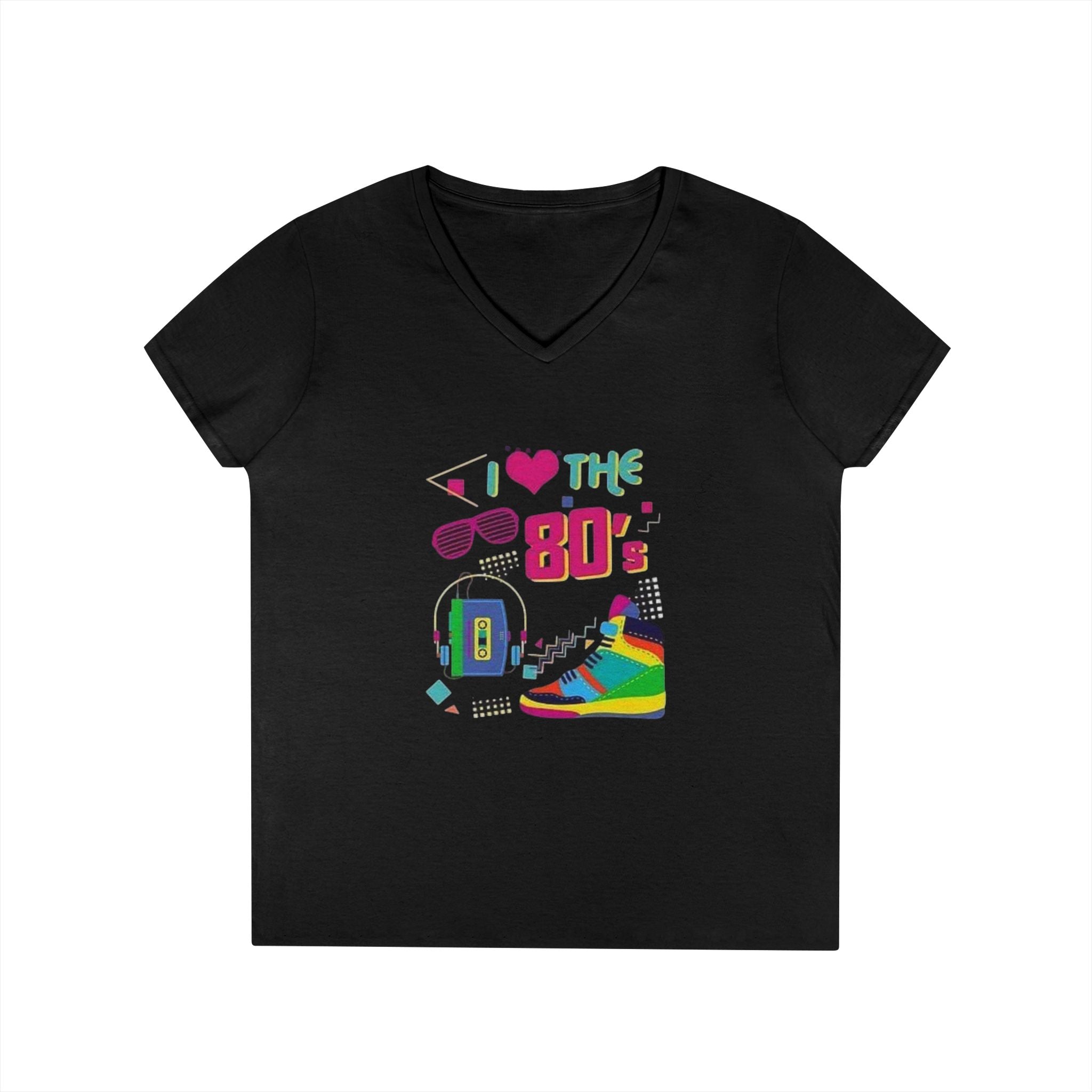 I Love The 80's Ladies' V-Neck T-Shirt, RetroStyle Tee, Vintage 80s Shirt, Perfect for Parties, Gifts for Her, Nostalgic Fashion