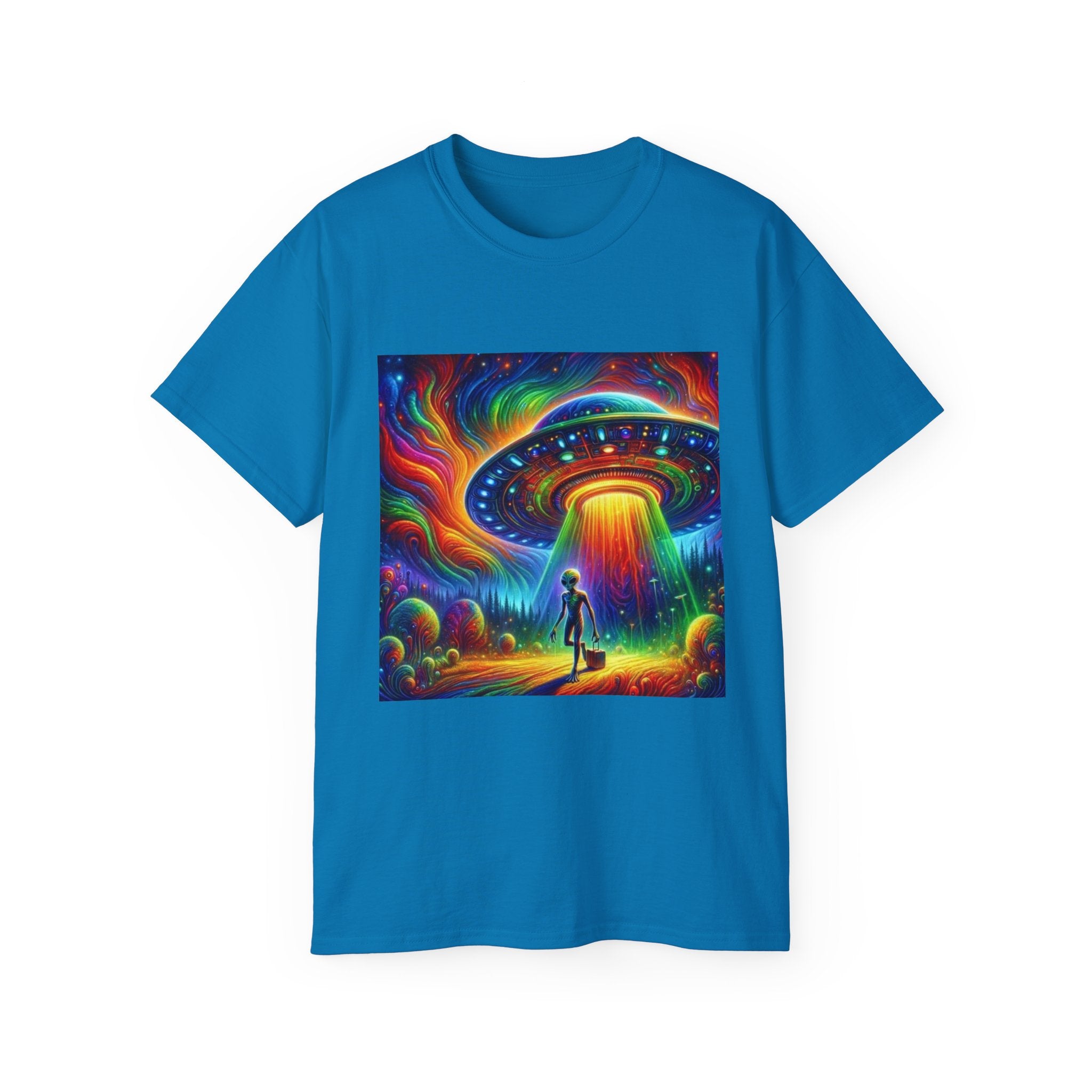 Cosmic Adventure Tee - Unisex Ultra Cotton T-Shirt, UFO Graphic Tee, Colorful Sci-Fi Shirt, Perfect for Festivals, Gift for Space Lovers