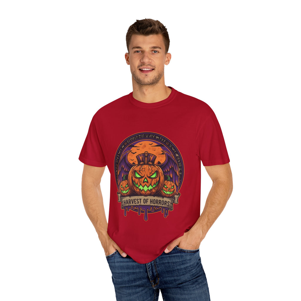 Harvest of Horrors Unisex T-shirt | Halloween Apparel, Spooky Graphic Tee, Fall Fashion, Pumpkin Shirt, October Outfit