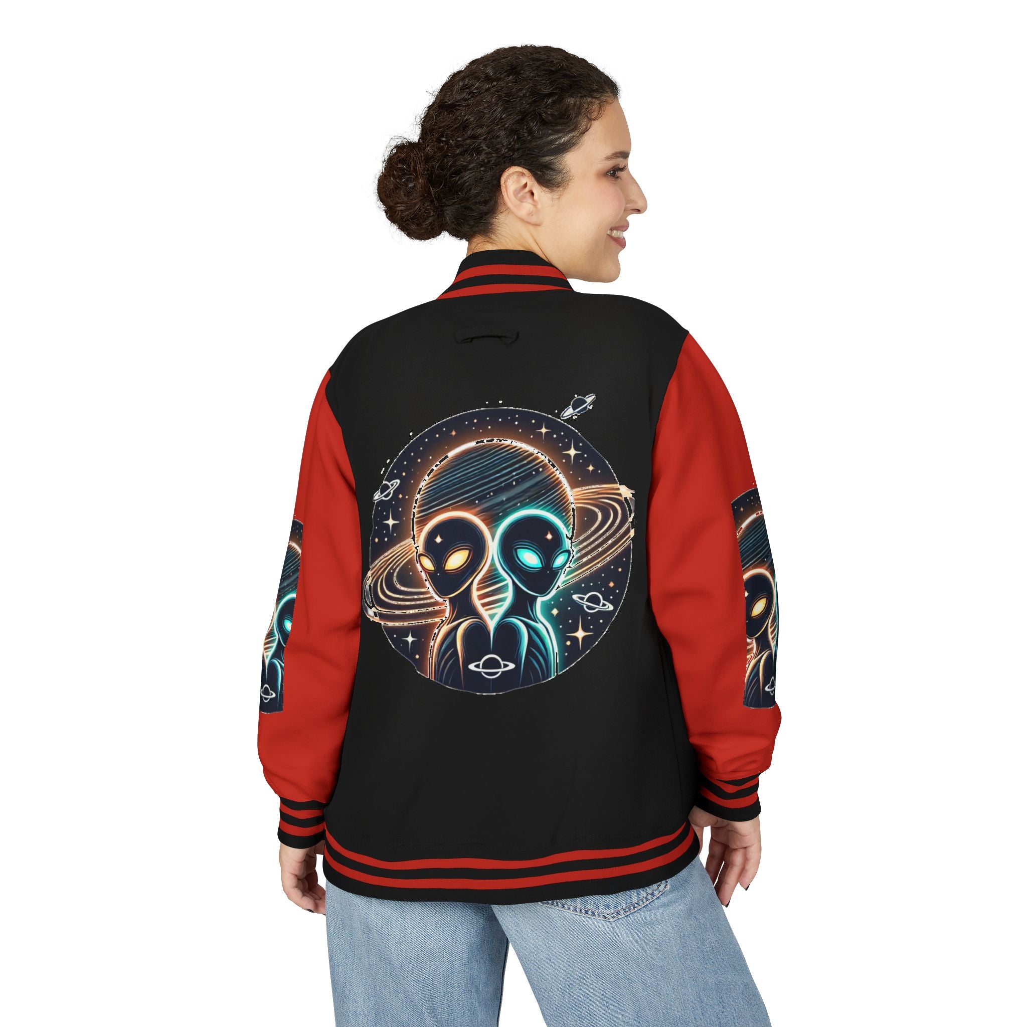 Cosmic Alien Letterman Jacket | Vintage Style Outerwear, Trendy Unisex Jacket, Space Theme Apparel, Perfect for Cosplay or Gift