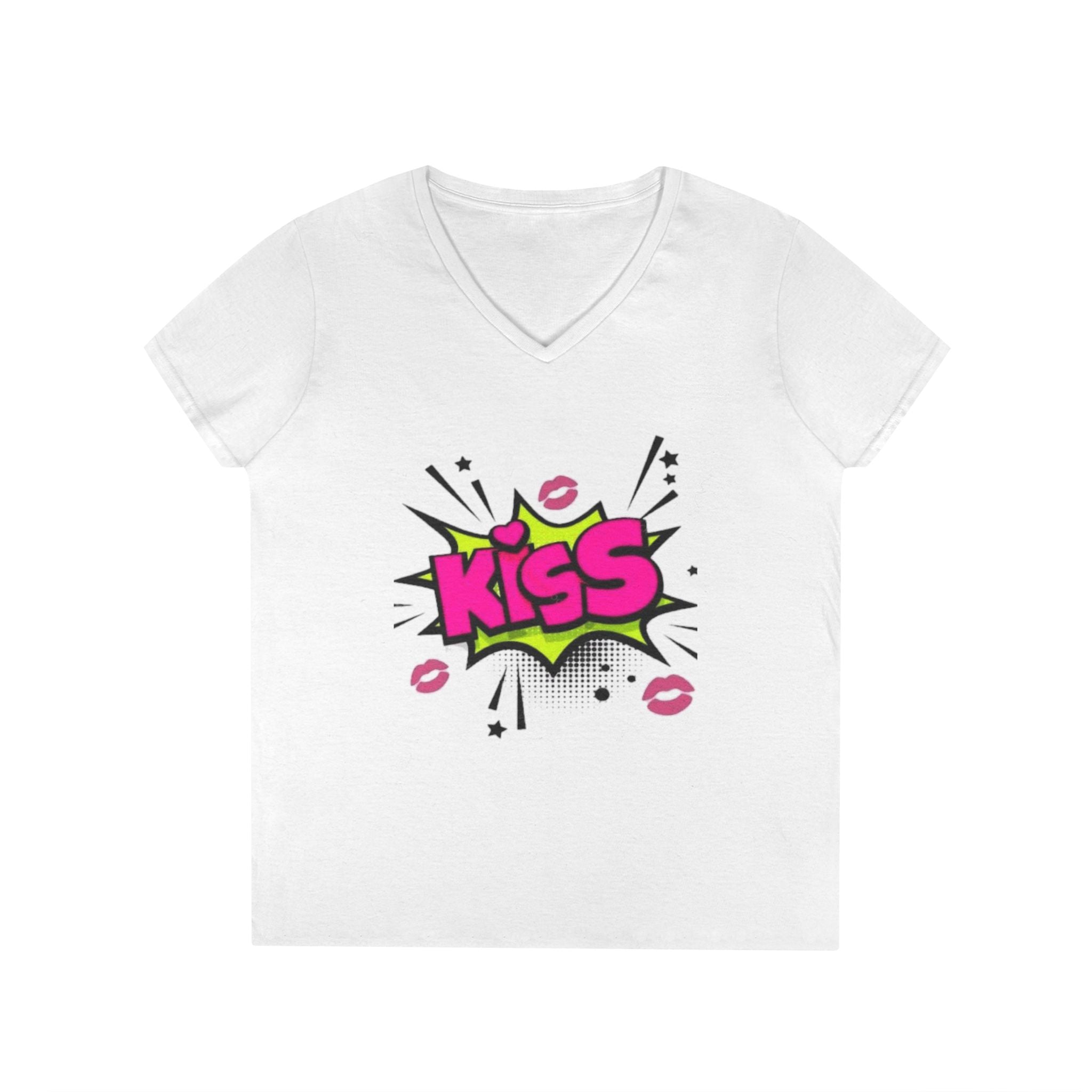 Kiss Graphic V-Neck Tee, Fun Graphic Shirt, Gift for Her, Casual Fashion, Cute Summer Top, Valentine's Day Gift