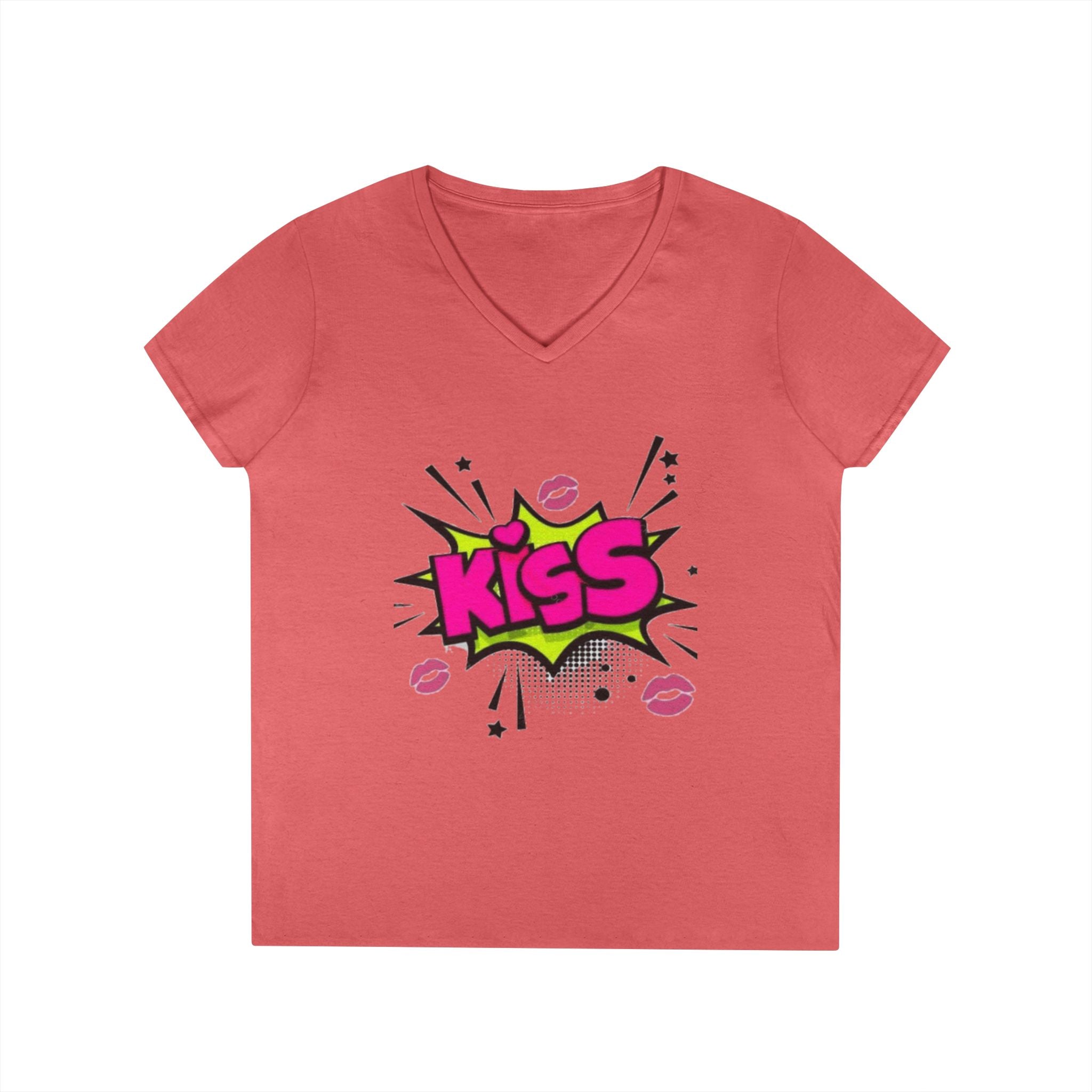 Kiss Graphic V-Neck Tee, Fun Graphic Shirt, Gift for Her, Casual Fashion, Cute Summer Top, Valentine's Day Gift